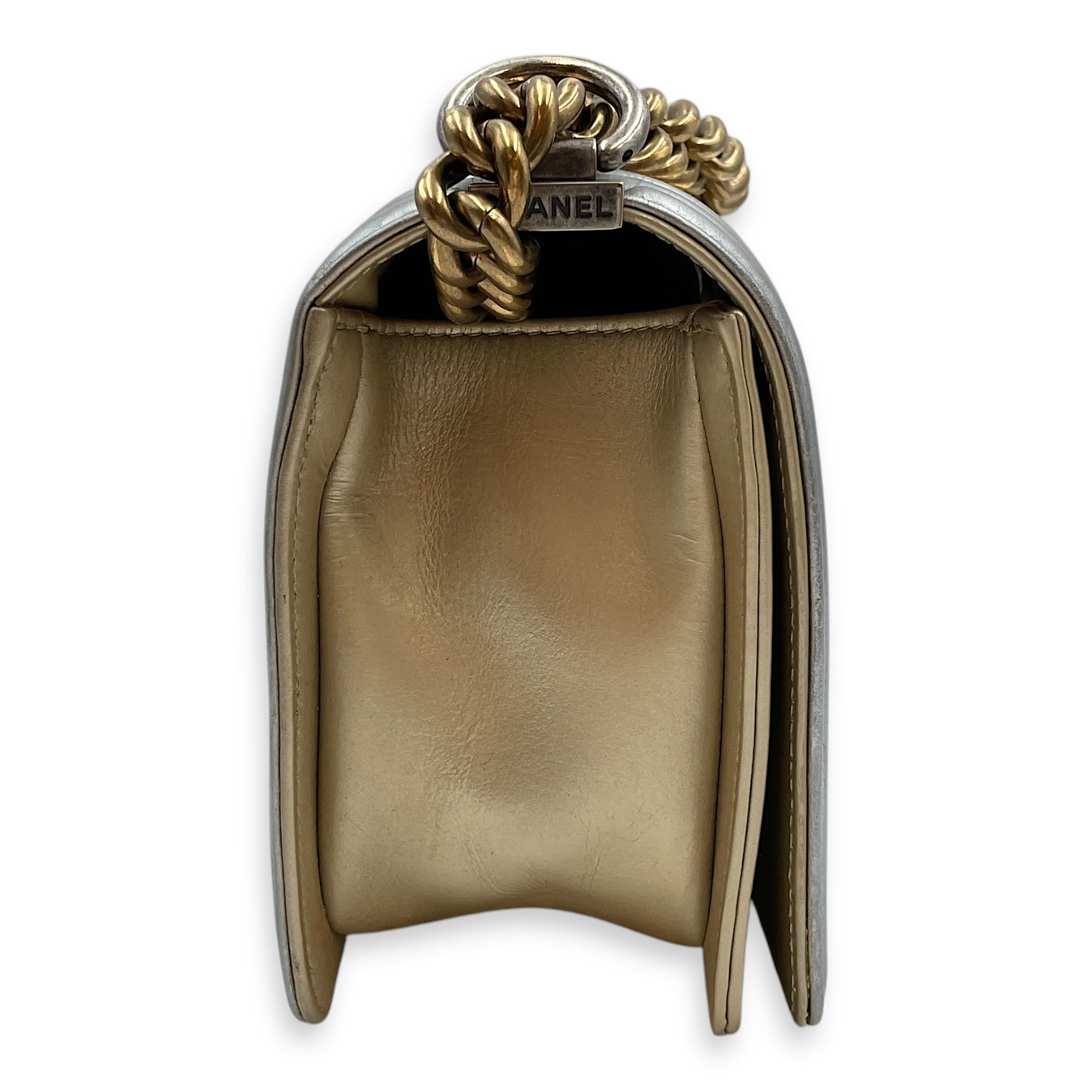 Quilted Bi-Colour Boy Medium Gold/Silver Shoulder Bag in Metallic, Brushed Gold hardware
