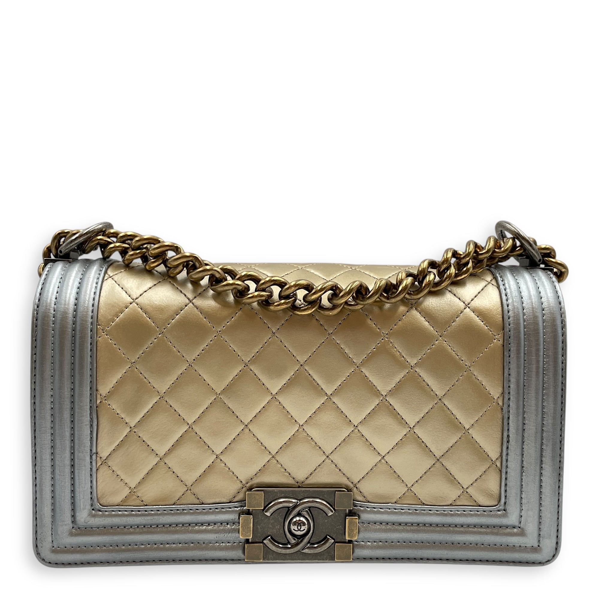 Quilted Bi-Colour Boy Medium Gold/Silver Shoulder Bag in Metallic, Brushed Gold hardware