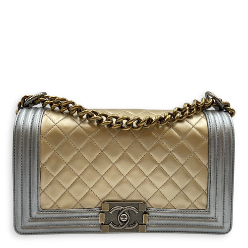 Quilted Bi-Colour Boy Medium Gold/Silver Shoulder Bag in Metallic, Brushed Gold hardware