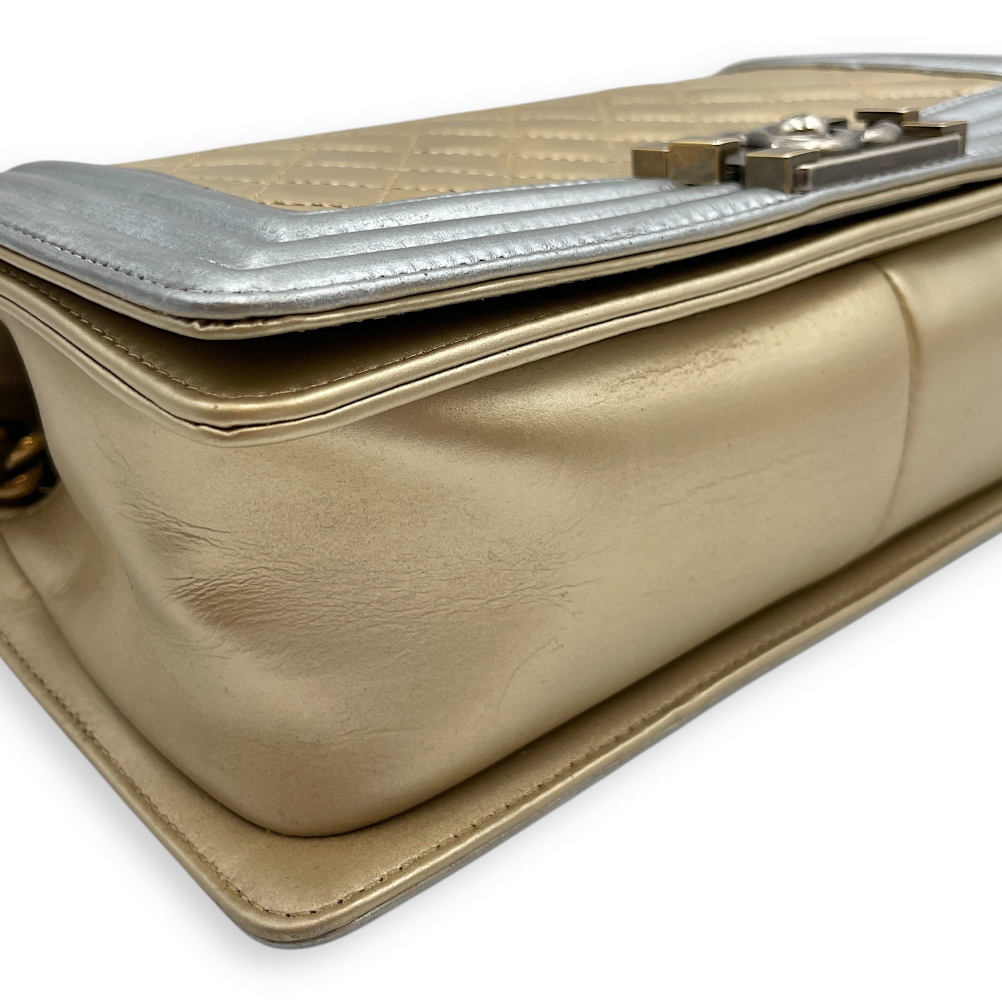 Quilted Bi-Colour Boy Medium Gold/Silver Shoulder Bag in Metallic, Brushed Gold hardware