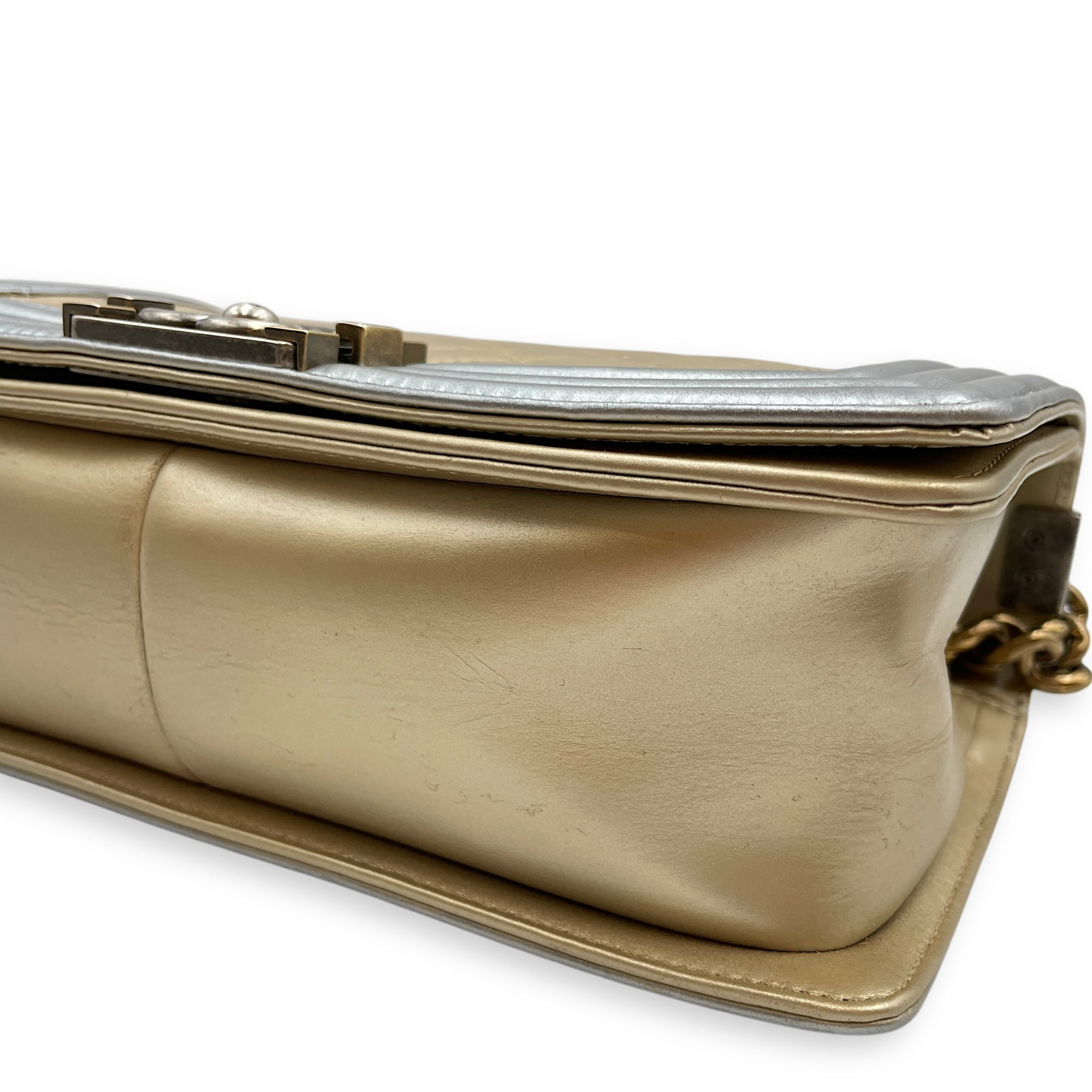 Quilted Bi-Colour Boy Medium Gold/Silver Shoulder Bag in Metallic, Brushed Gold hardware