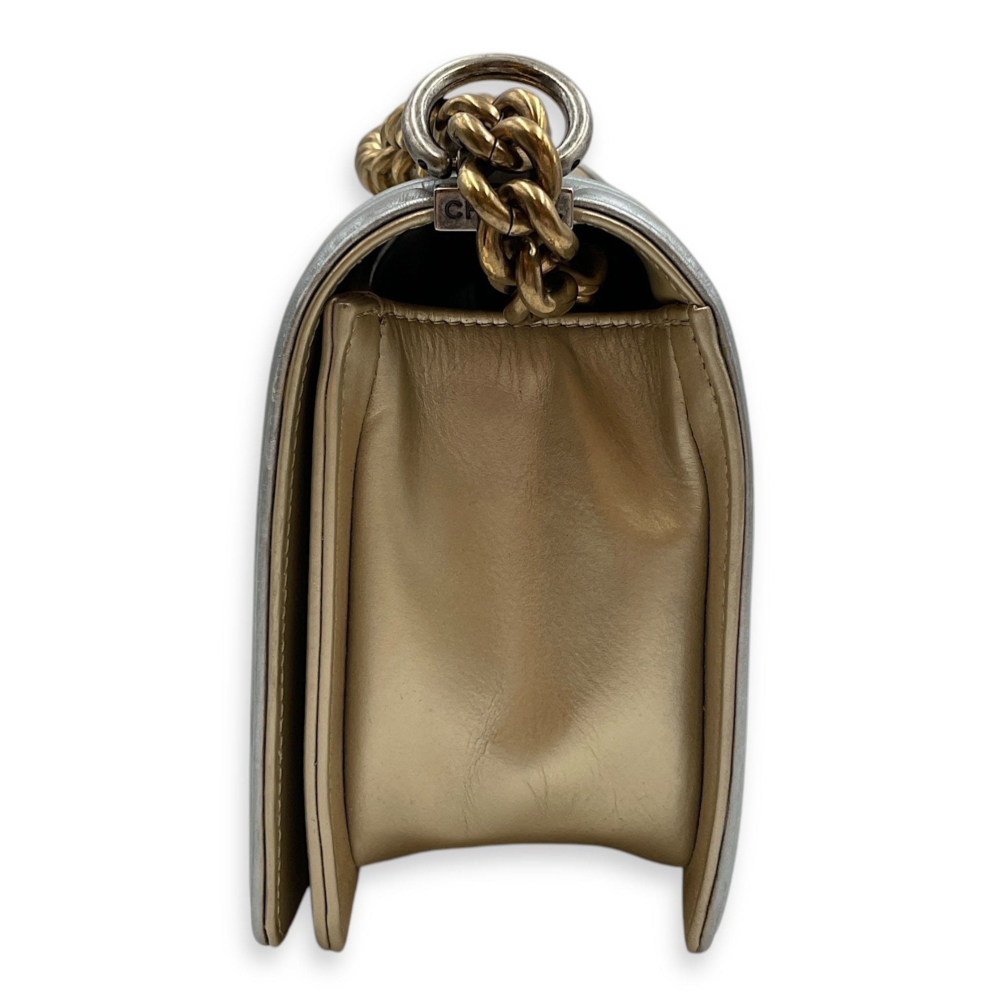 Quilted Bi-Colour Boy Medium Gold/Silver Shoulder Bag in Metallic, Brushed Gold hardware