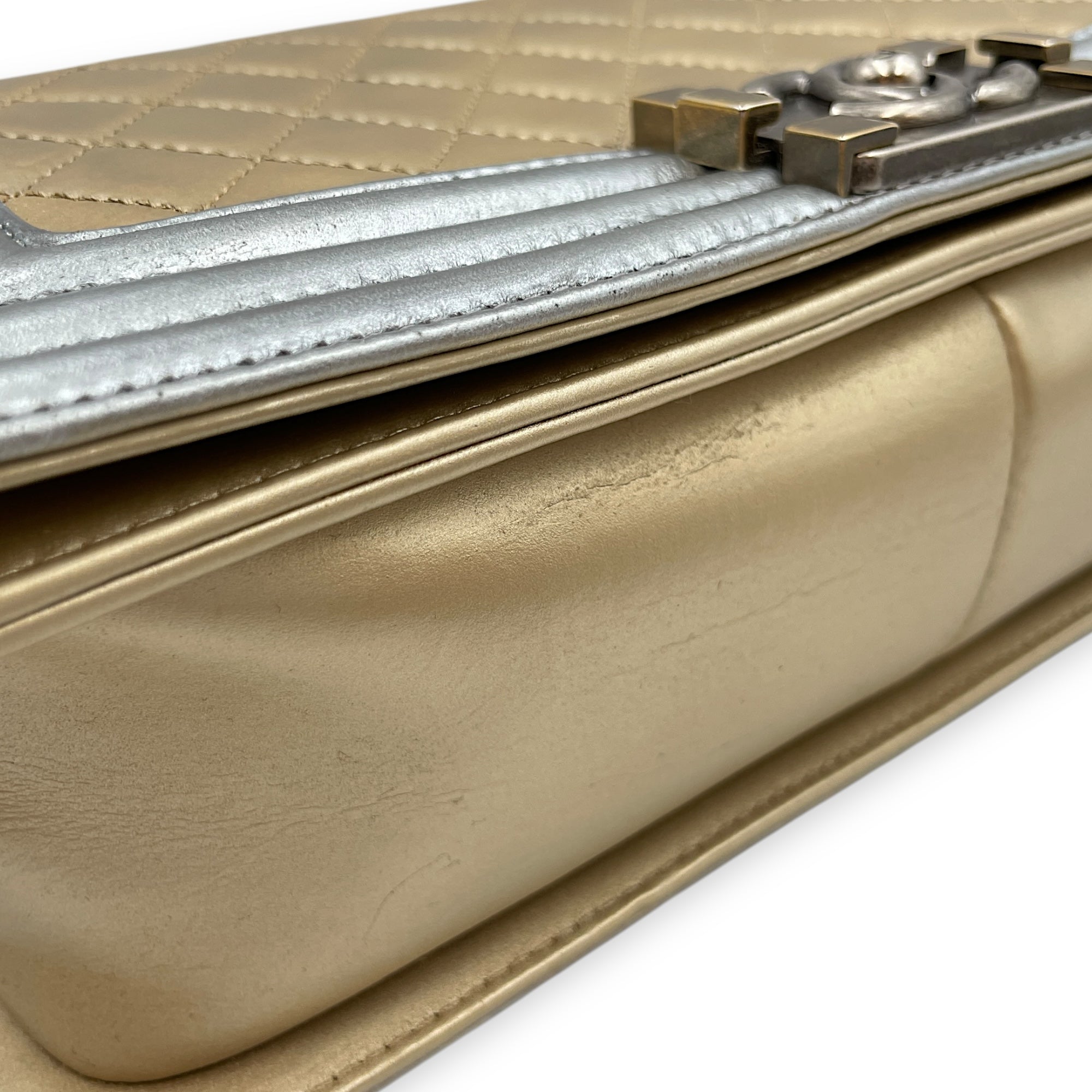 Quilted Bi-Colour Boy Medium Gold/Silver Shoulder Bag in Metallic, Brushed Gold hardware