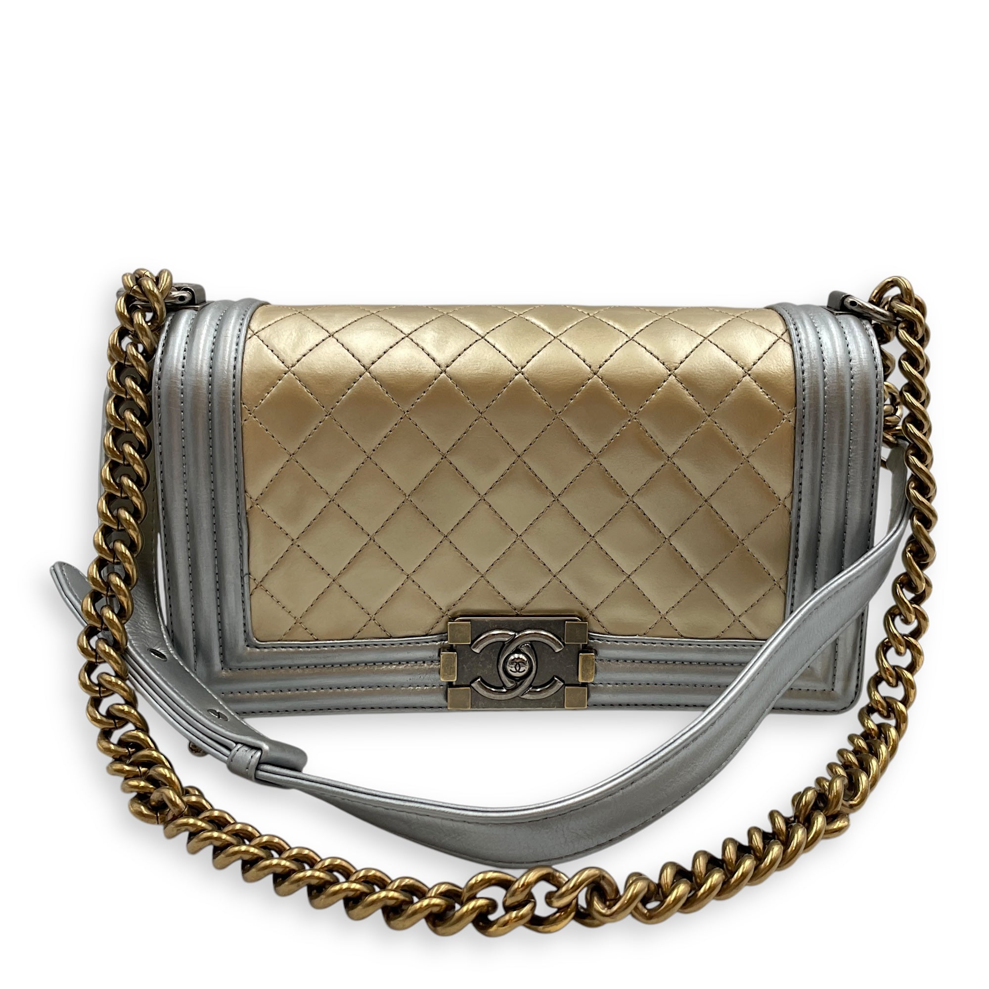 Quilted Bi-Colour Boy Medium Gold/Silver Shoulder Bag in Metallic, Brushed Gold hardware