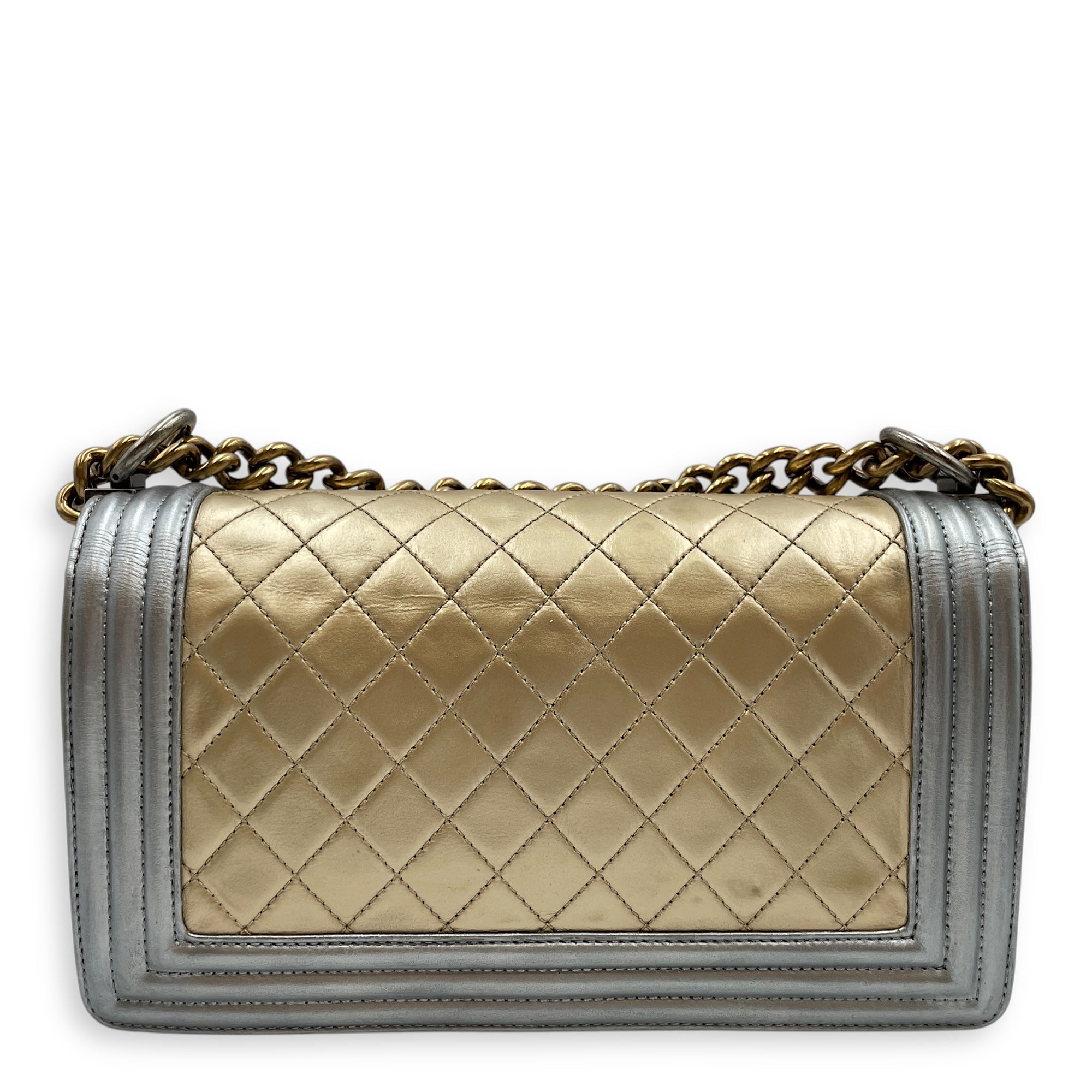Quilted Bi-Colour Boy Medium Gold/Silver Shoulder Bag in Metallic, Brushed Gold hardware