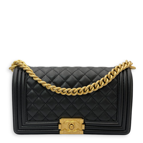 Quilted Boy Medium Black Crossbody Bag in Caviar Leather, Gold hardware