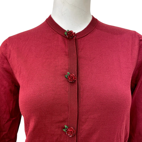 Rose Button 38 Red Knit Cardigan in Silk, Resins, Silver hardware