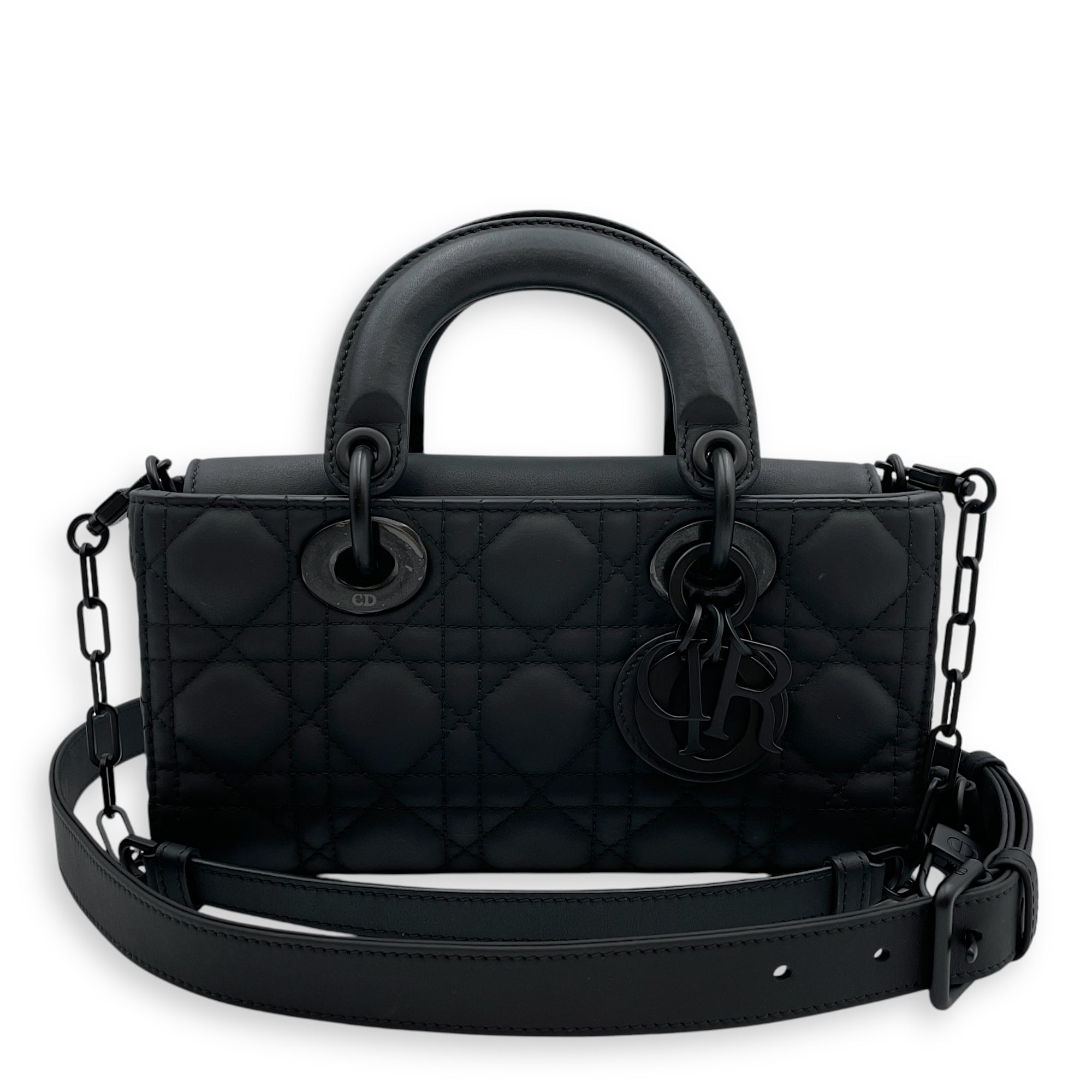 Cannage Lady D-Joy Small Black Shoulder Bag in Calfskin, Ultramatte hardware
