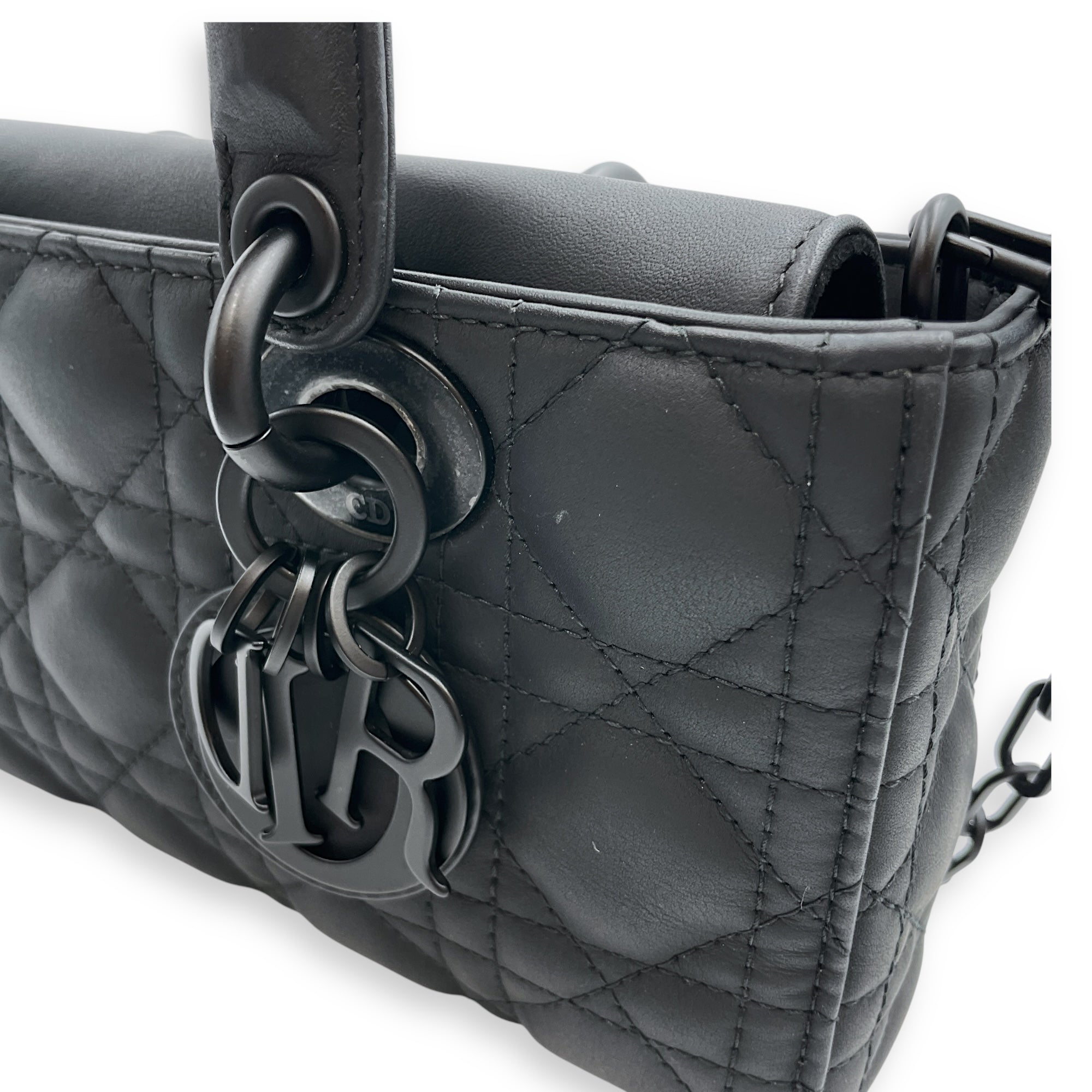 Cannage Lady D-Joy Small Black Shoulder Bag in Calfskin, Ultramatte hardware