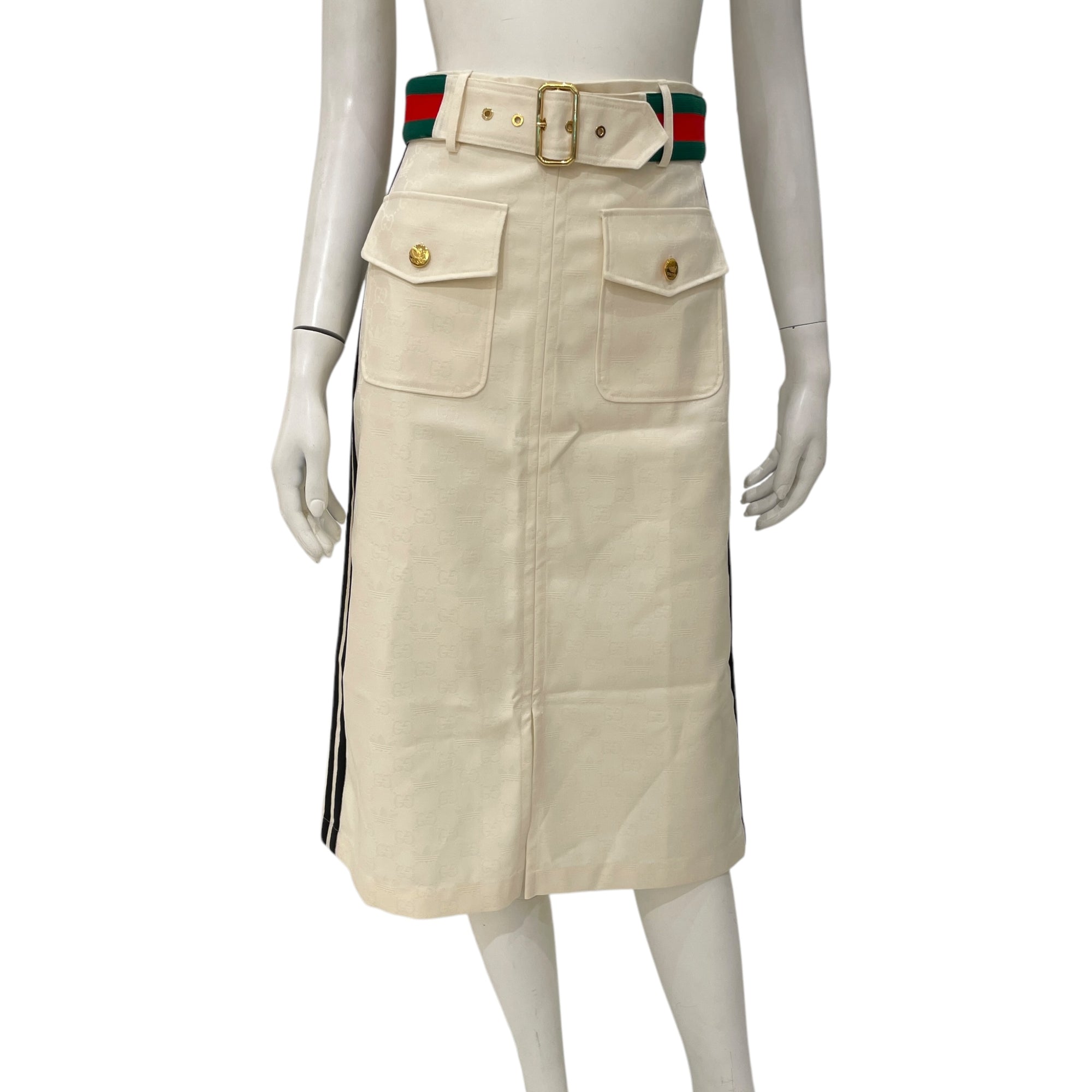 x Adidas SS22 Jacquard GG Trefoil 38 Multi-colour Knee-length Skirt with Belt in Polyester, Elastan, Gold hardware