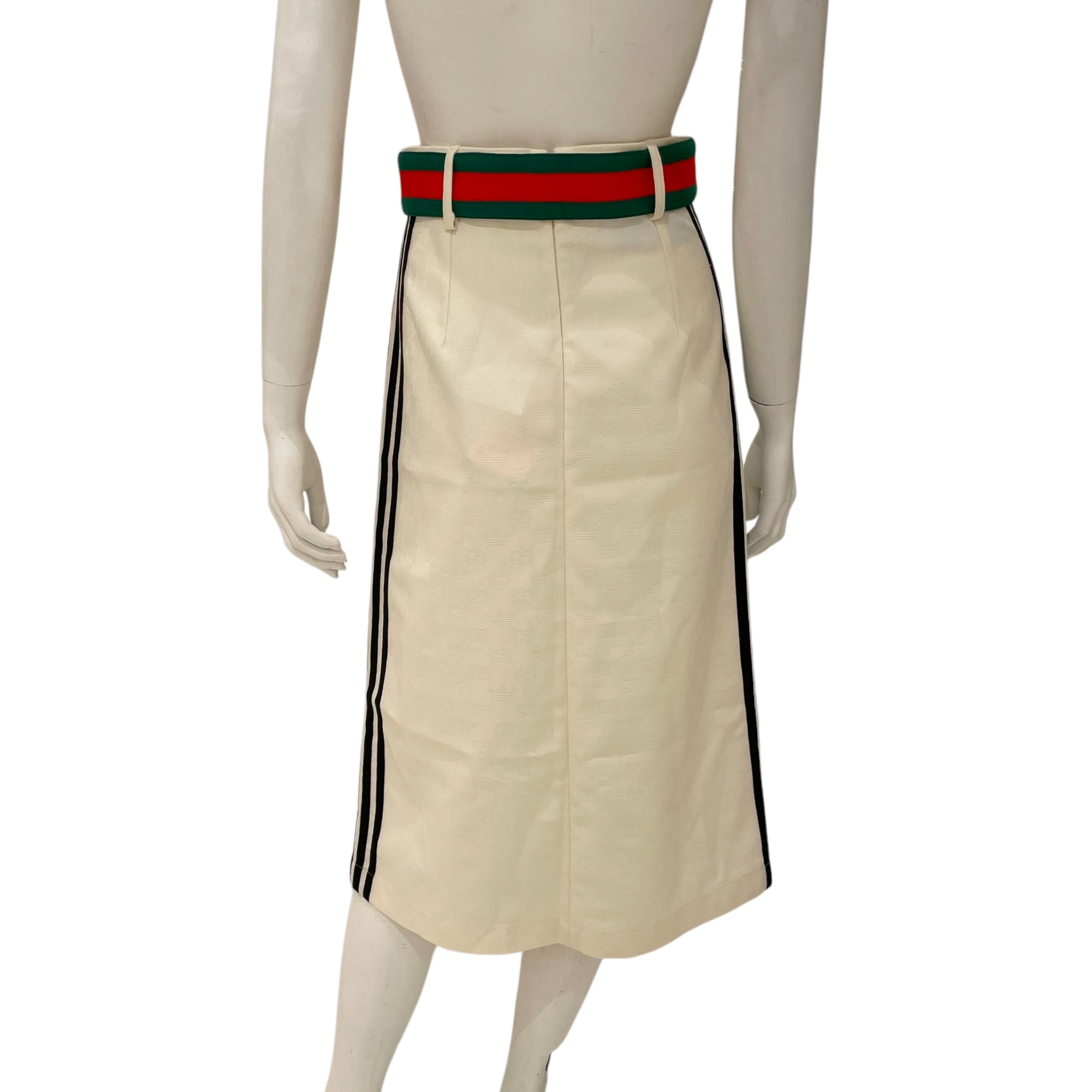 x Adidas SS22 Jacquard GG Trefoil 38 Multi-colour Knee-length Skirt with Belt in Polyester, Elastan, Gold hardware