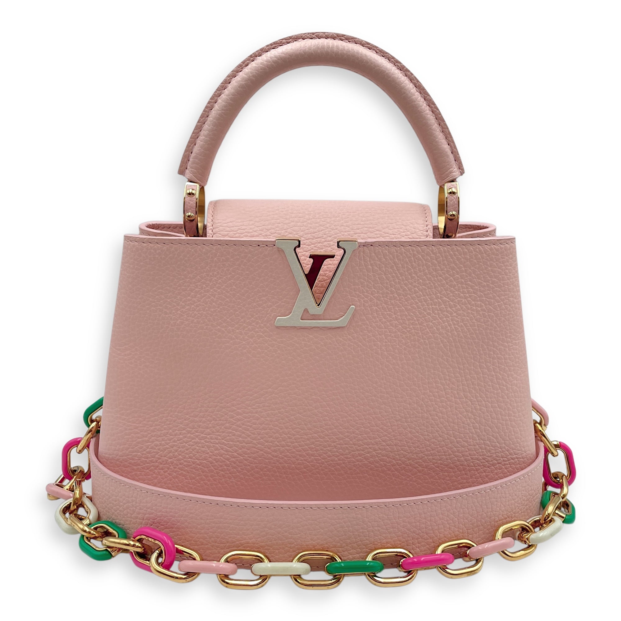 Capucines Pink Top Handle Bag in Taurillon Leather, Gold hardware