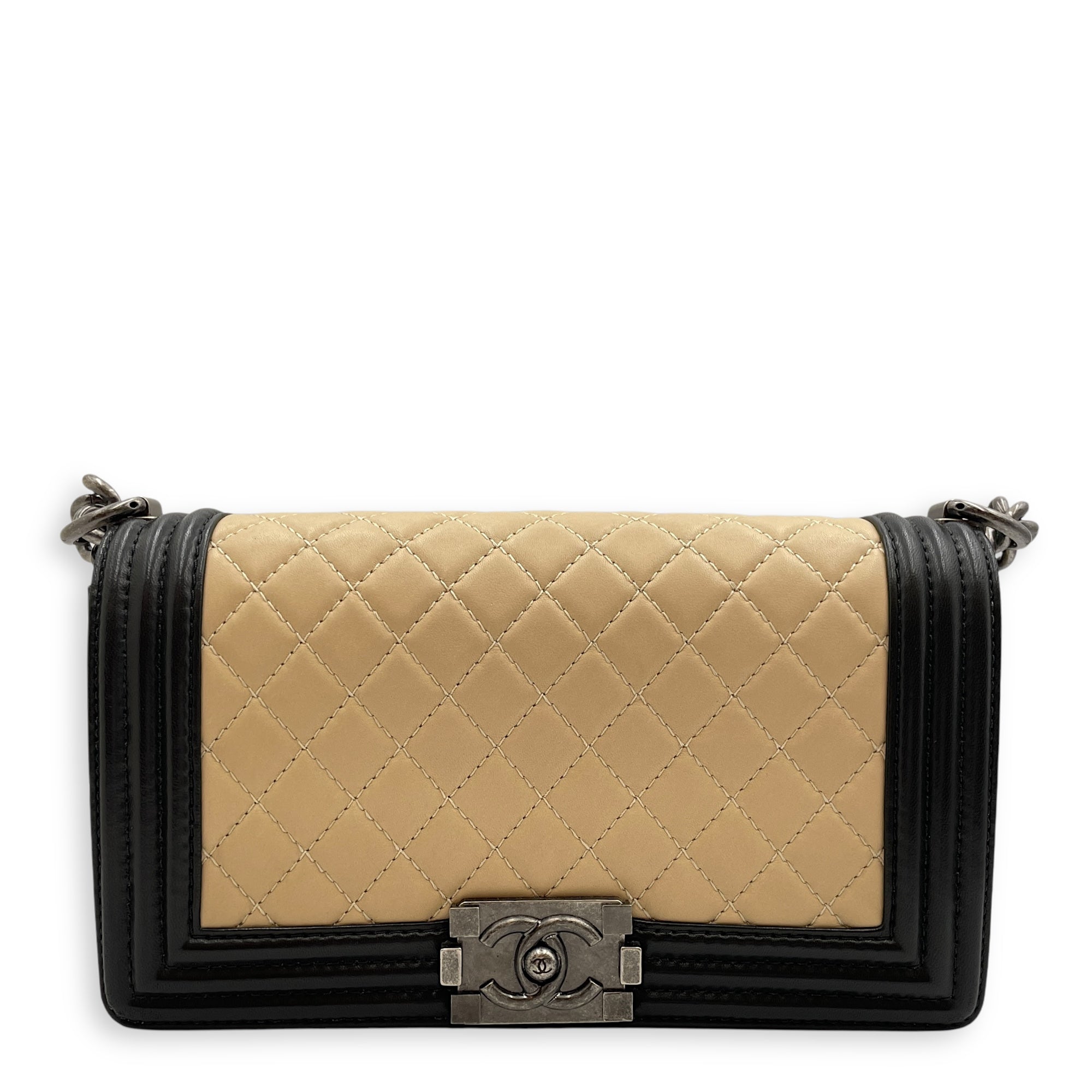 Boy Beige/Black Shoulder Bag in Lambskin, Ruthenium hardware