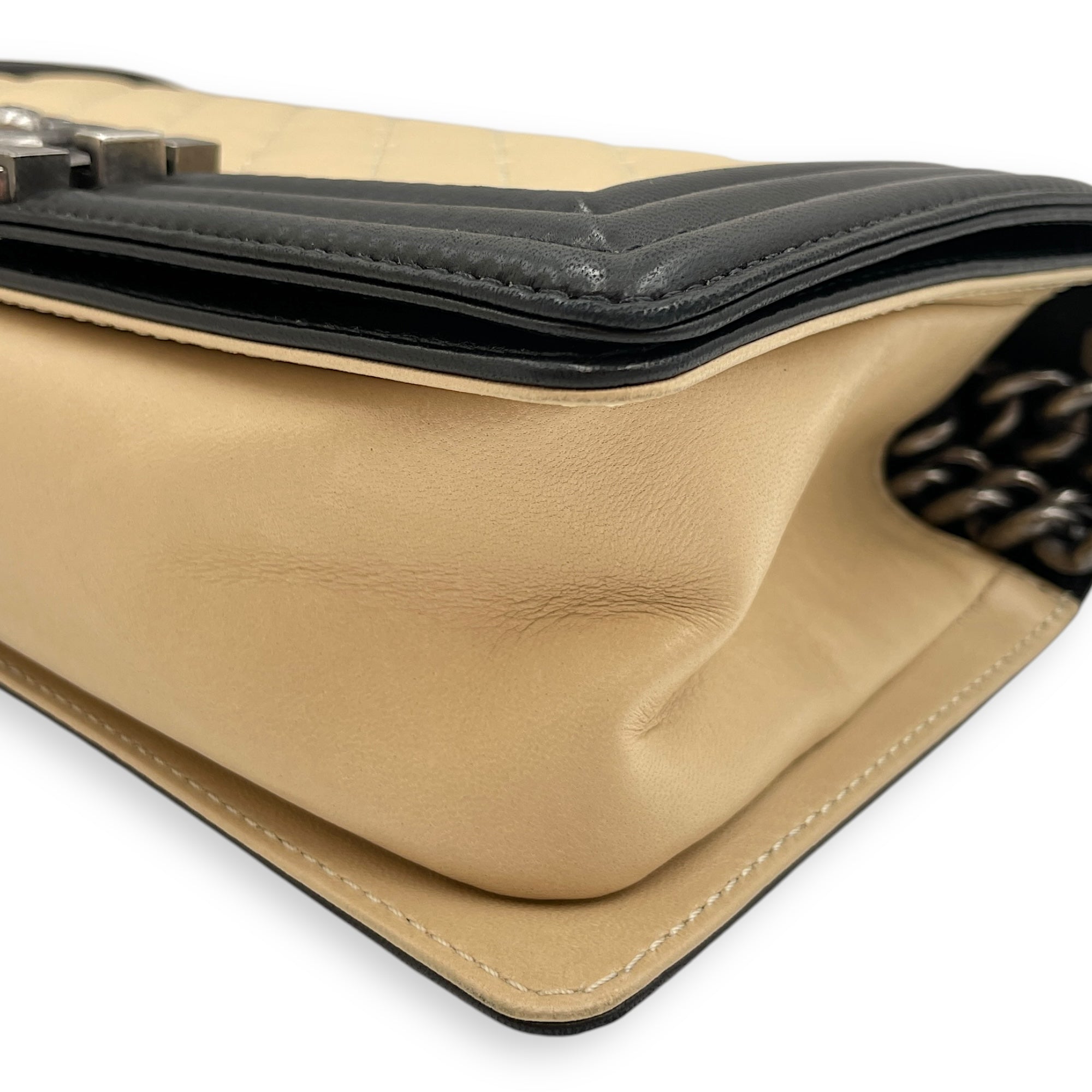 Boy Beige/Black Shoulder Bag in Lambskin, Ruthenium hardware