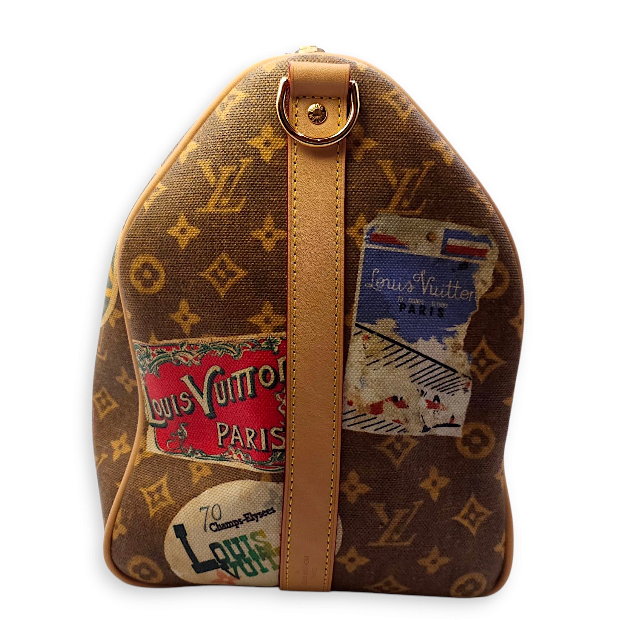 Keepall Bandouliere Duffle Bag in Coated Canvas, Gold hardware