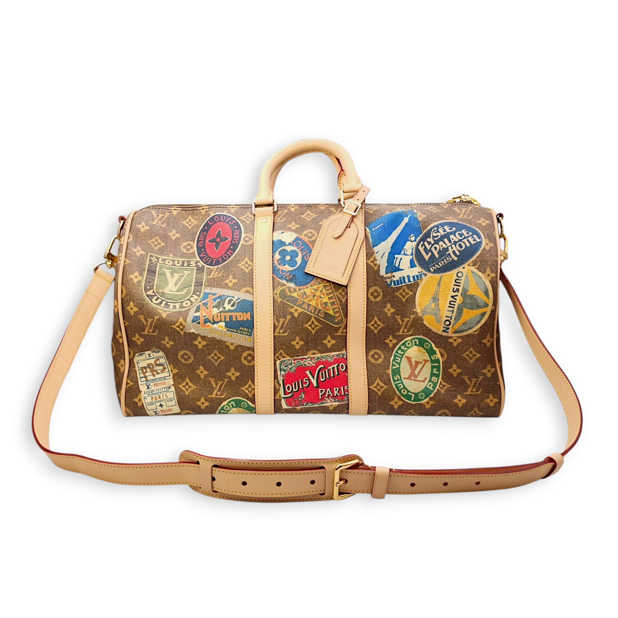 Keepall Bandouliere Duffle Bag in Coated Canvas, Gold hardware