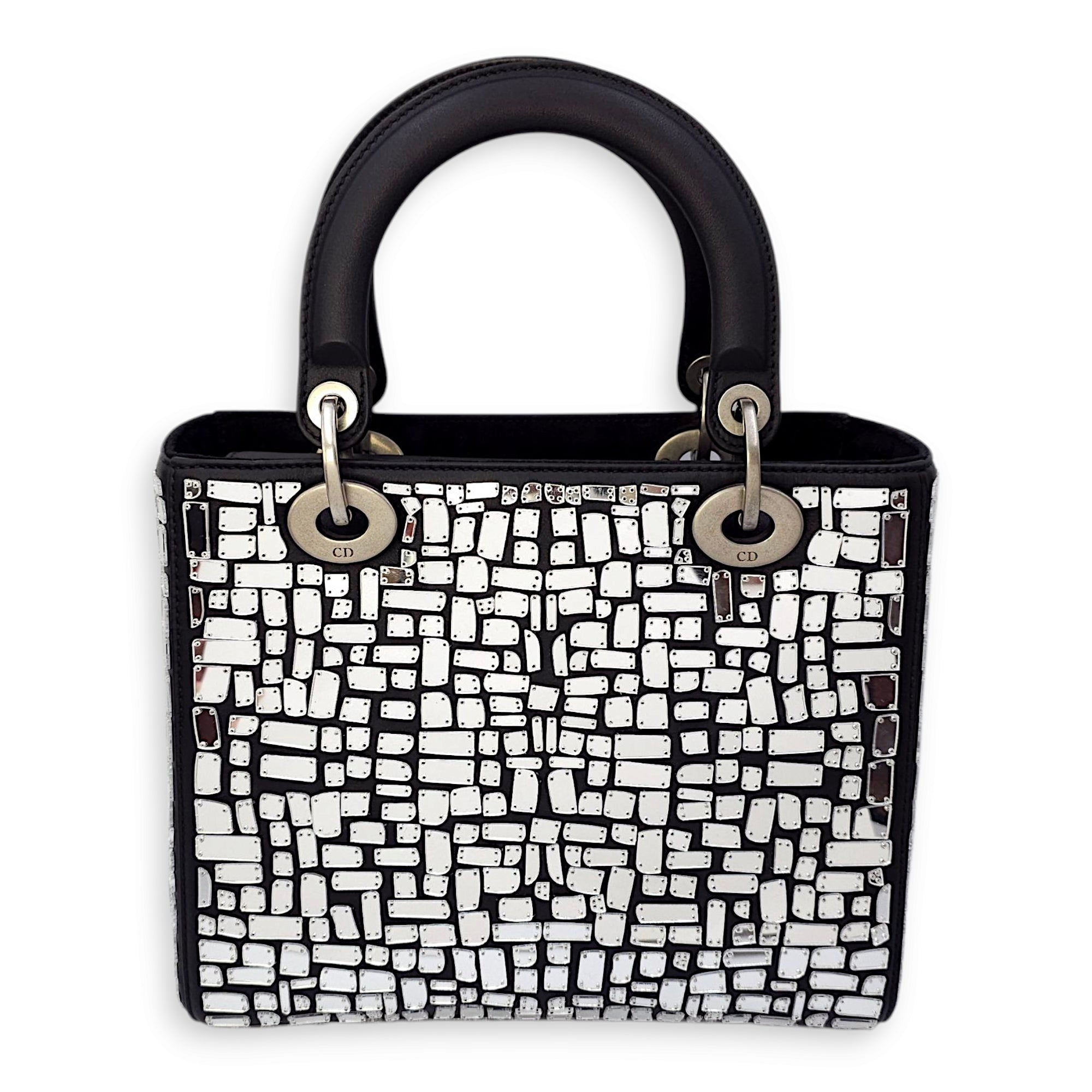 Mosaic of Mirrors Lady Dior Black Top Handle Bag in Calfskin, Ruthenium hardware