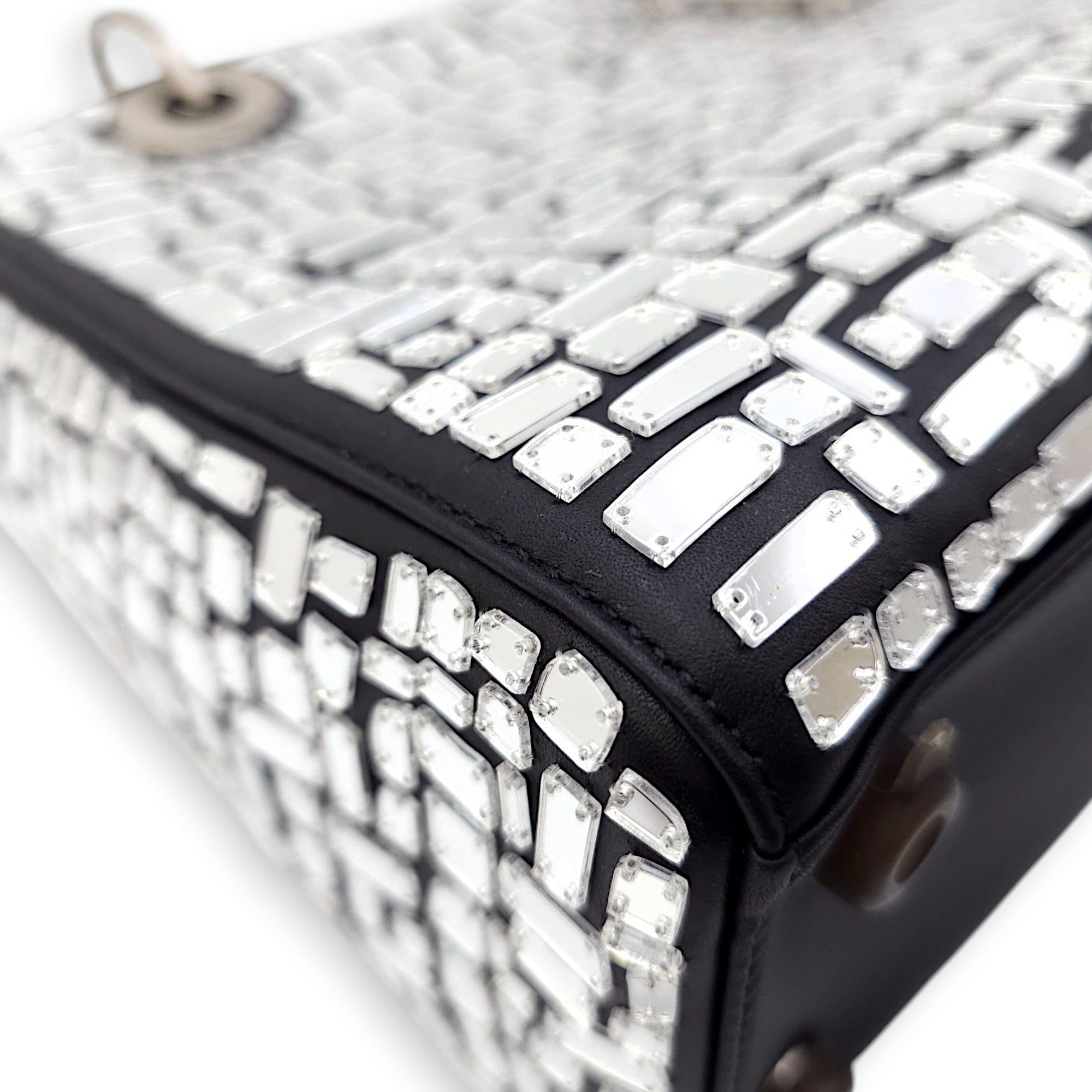 Mosaic of Mirrors Lady Dior Black Top Handle Bag in Calfskin, Ruthenium hardware