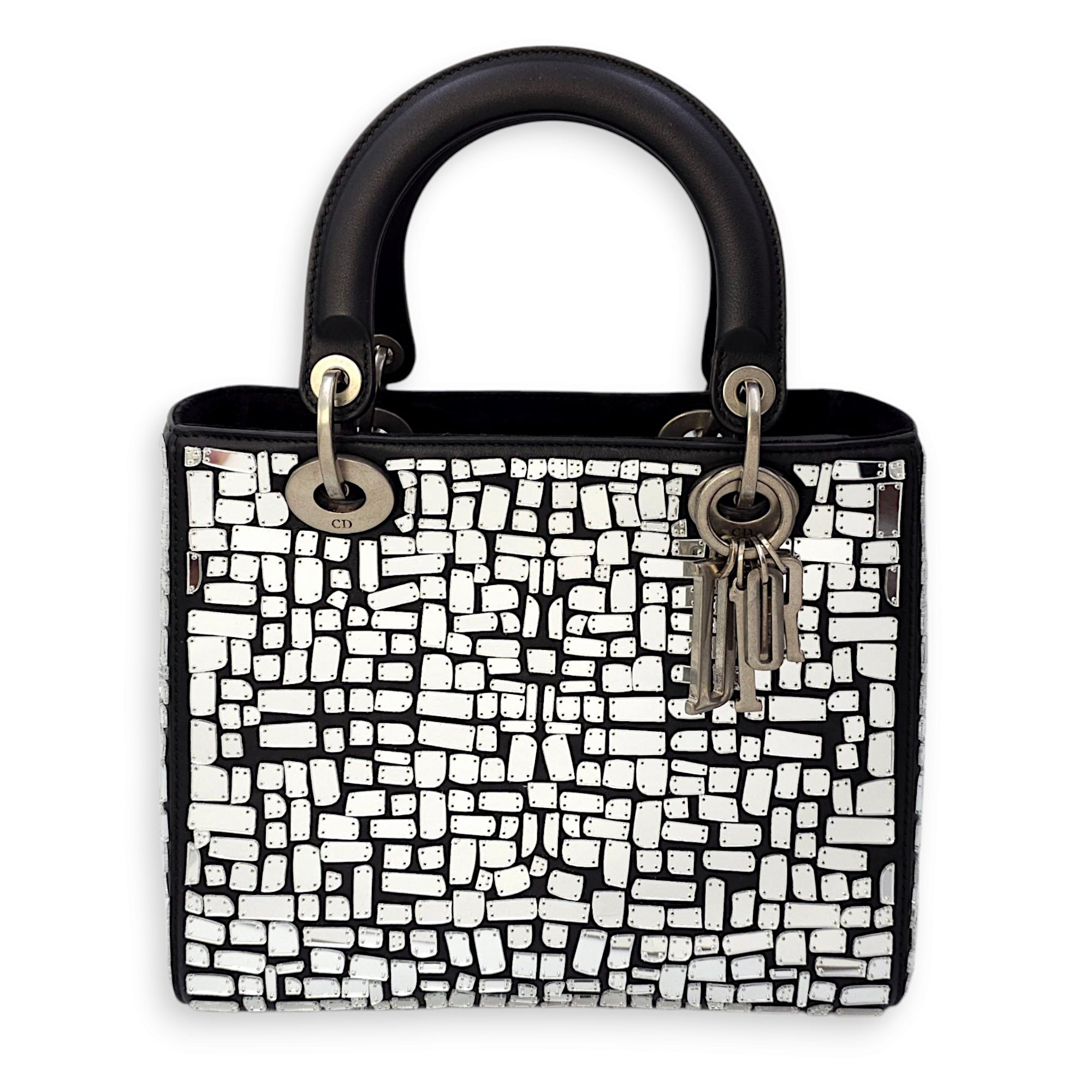 Mosaic of Mirrors Lady Dior Black Top Handle Bag in Calfskin, Ruthenium hardware