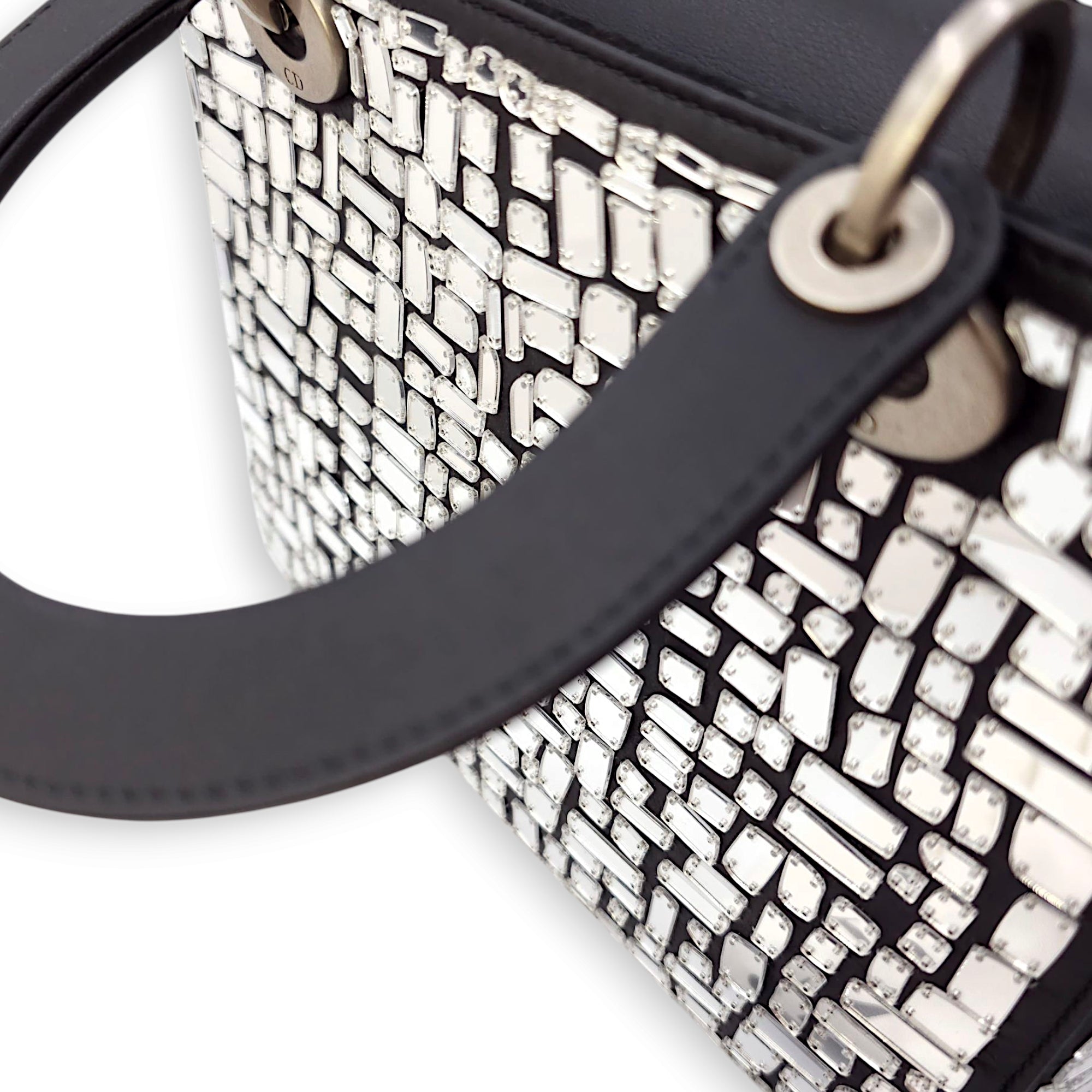 Mosaic of Mirrors Lady Dior Black Top Handle Bag in Calfskin, Ruthenium hardware