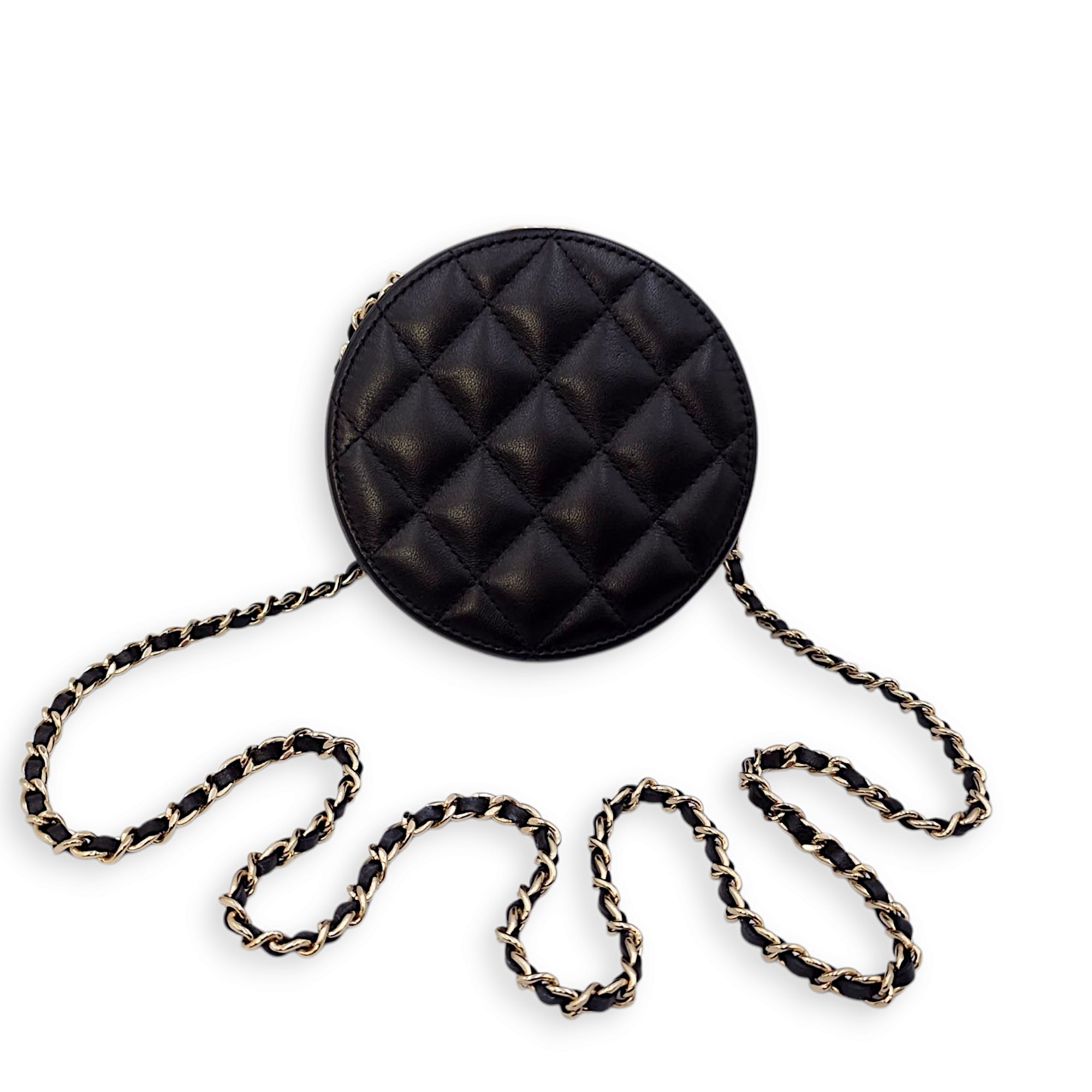 Quilted Filigree Chain Around Circle Black Crossbody Bag in Lambskin, Gold hardware