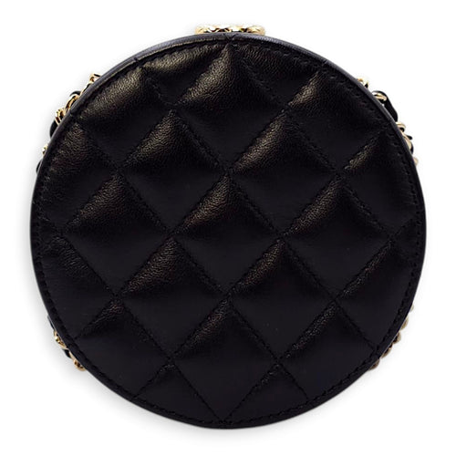 Quilted Filigree Chain Around Circle Black Crossbody Bag in Lambskin, Gold hardware
