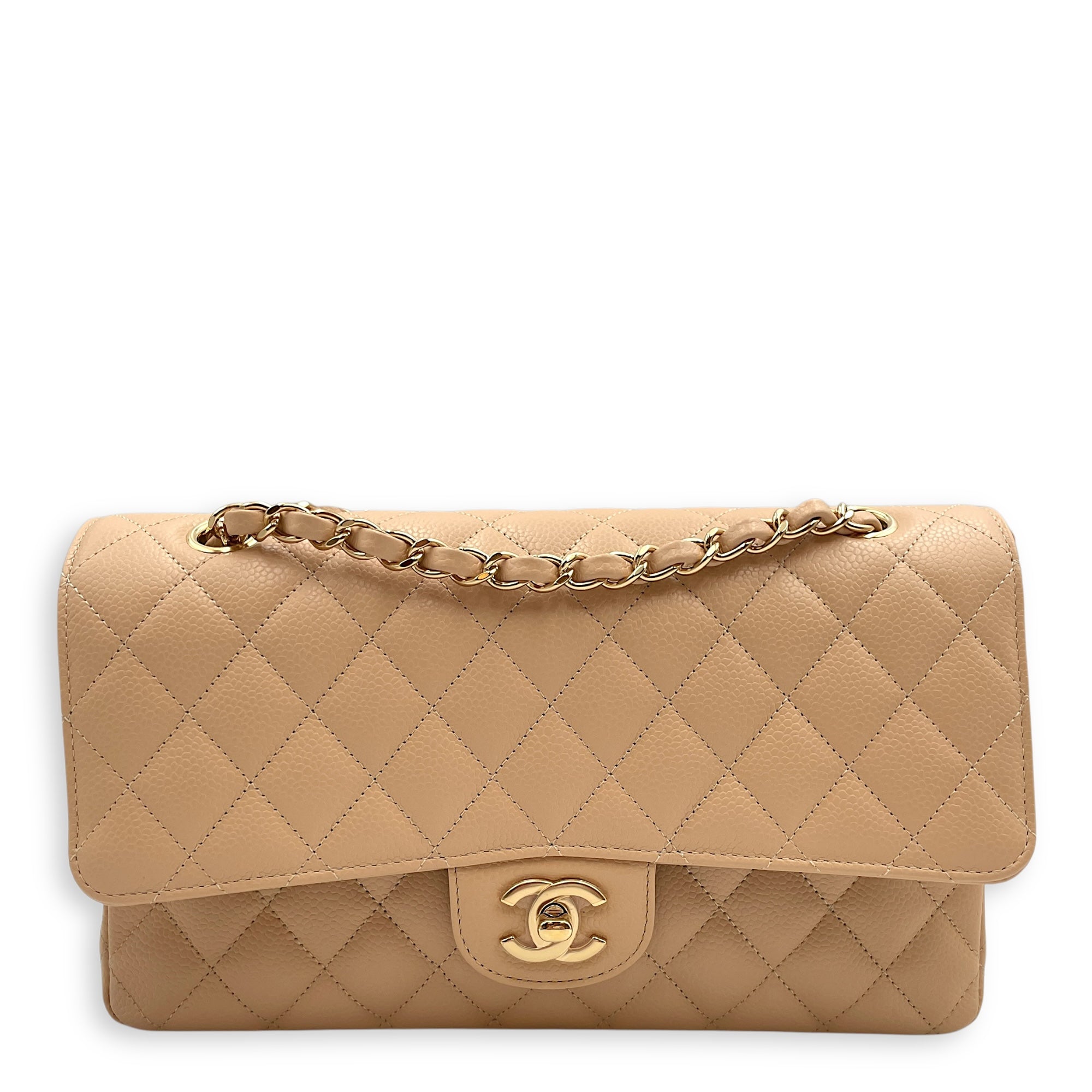 Classic (DF) Medium Beige Shoulder Bag in Caviar Leather, Gold hardware