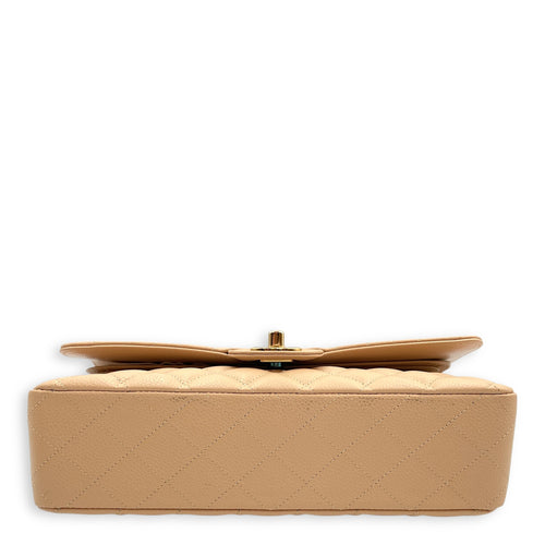 Classic (DF) Medium Beige Shoulder Bag in Caviar Leather, Gold hardware