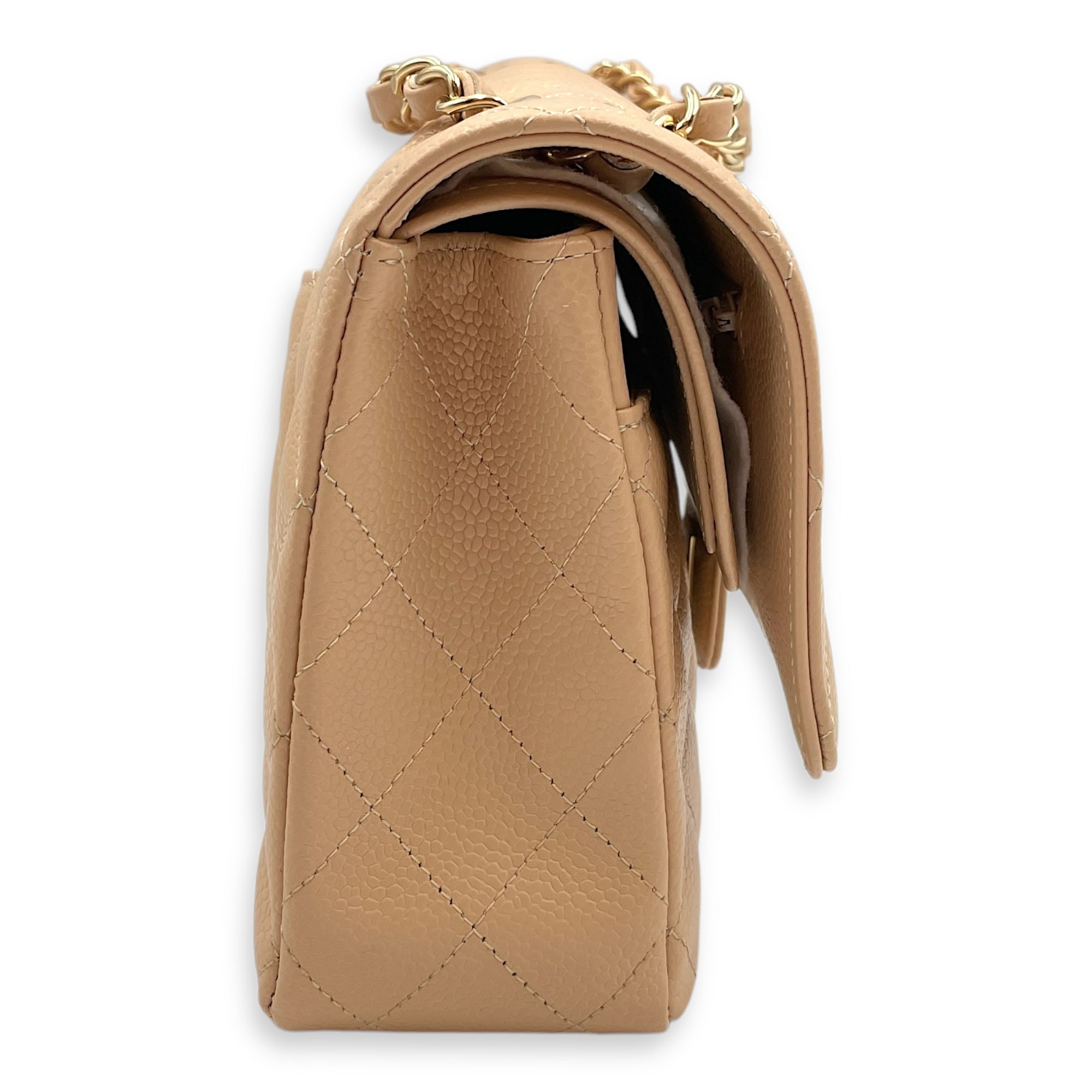 Classic (DF) Medium Beige Shoulder Bag in Caviar Leather, Gold hardware