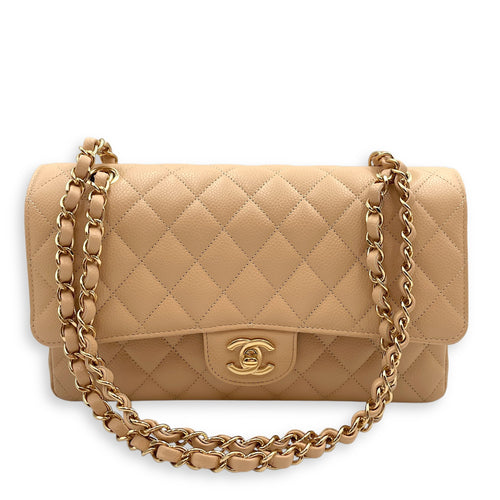 Classic (DF) Medium Beige Shoulder Bag in Caviar Leather, Gold hardware