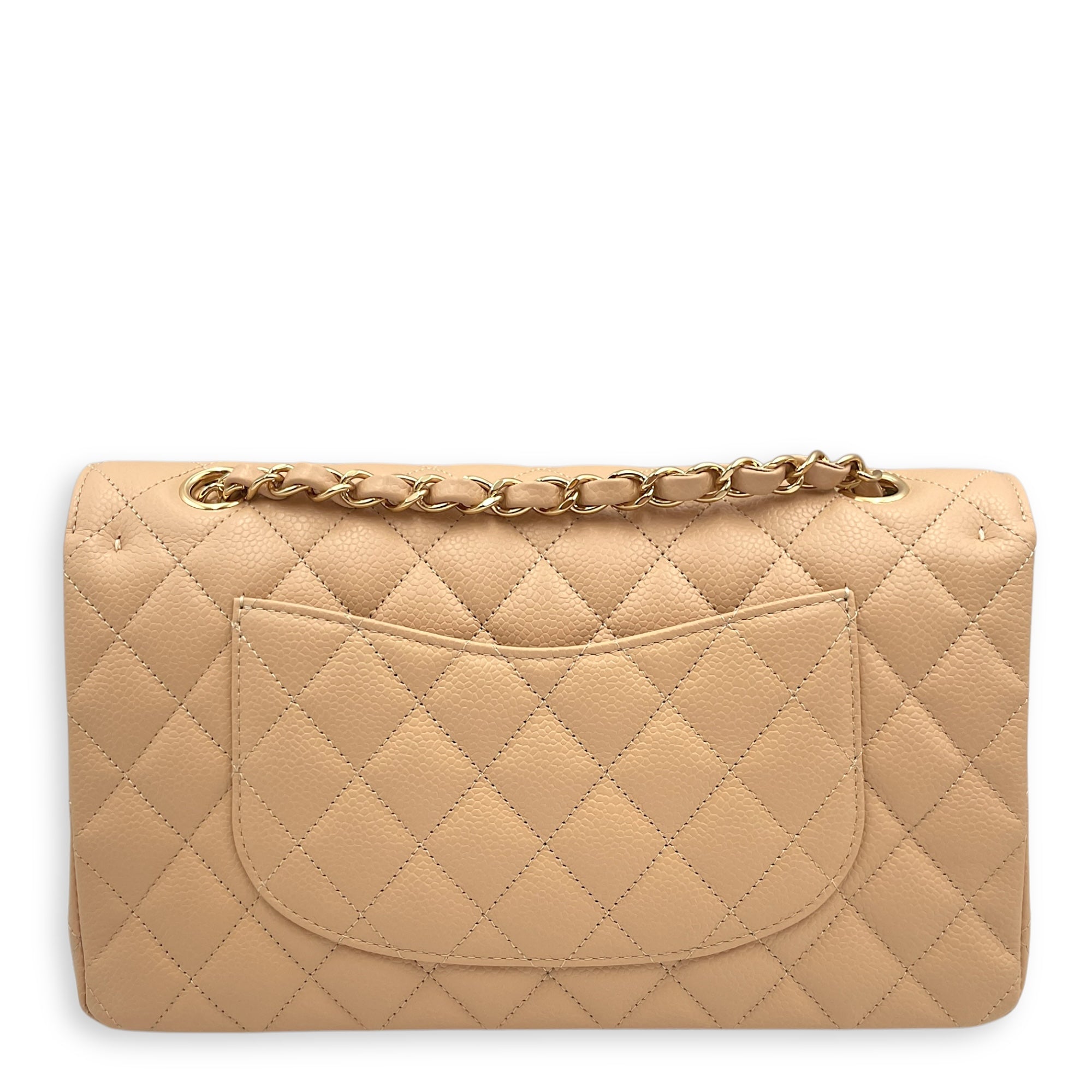 Classic (DF) Medium Beige Shoulder Bag in Caviar Leather, Gold hardware