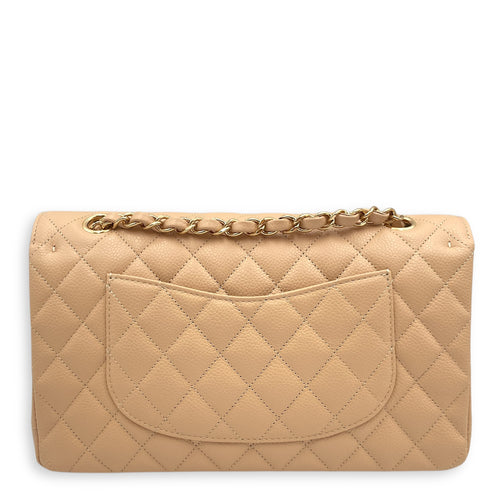 Classic (DF) Medium Beige Shoulder Bag in Caviar Leather, Gold hardware