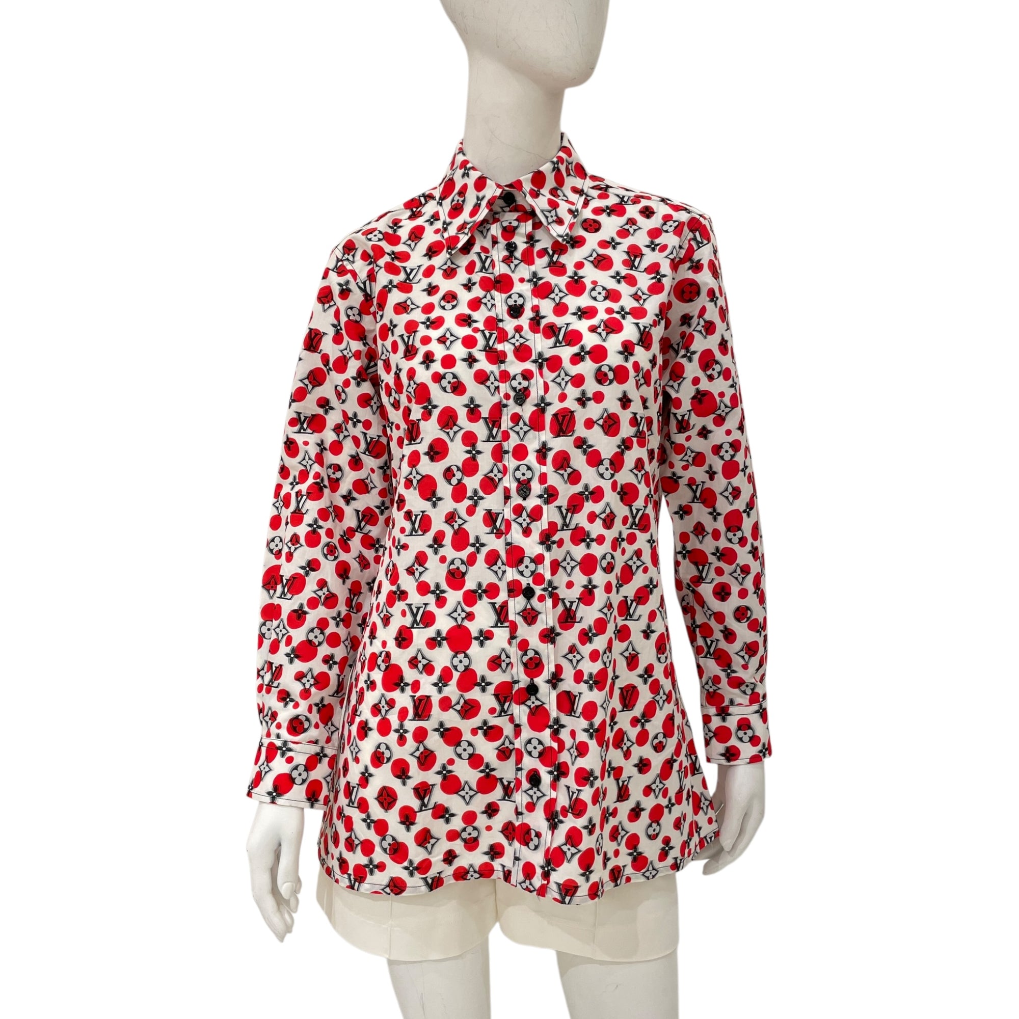 LV x YK Infinity Dot Monogram 38 Red/White Long-sleeved Shirt in Cotton