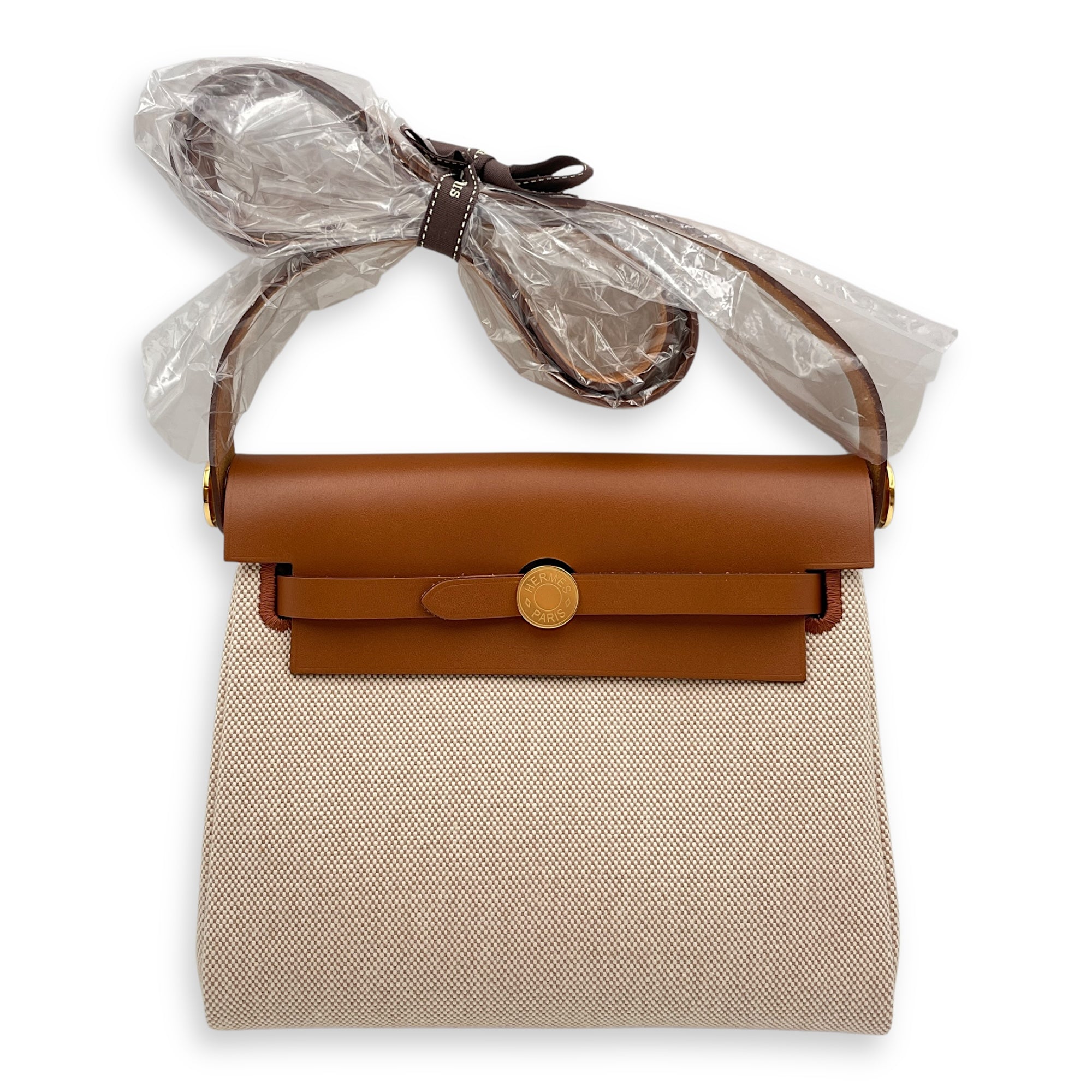 Herbag 20 Faive/Ecru-Beige in Vache Hunter/Toile, Gold hardware