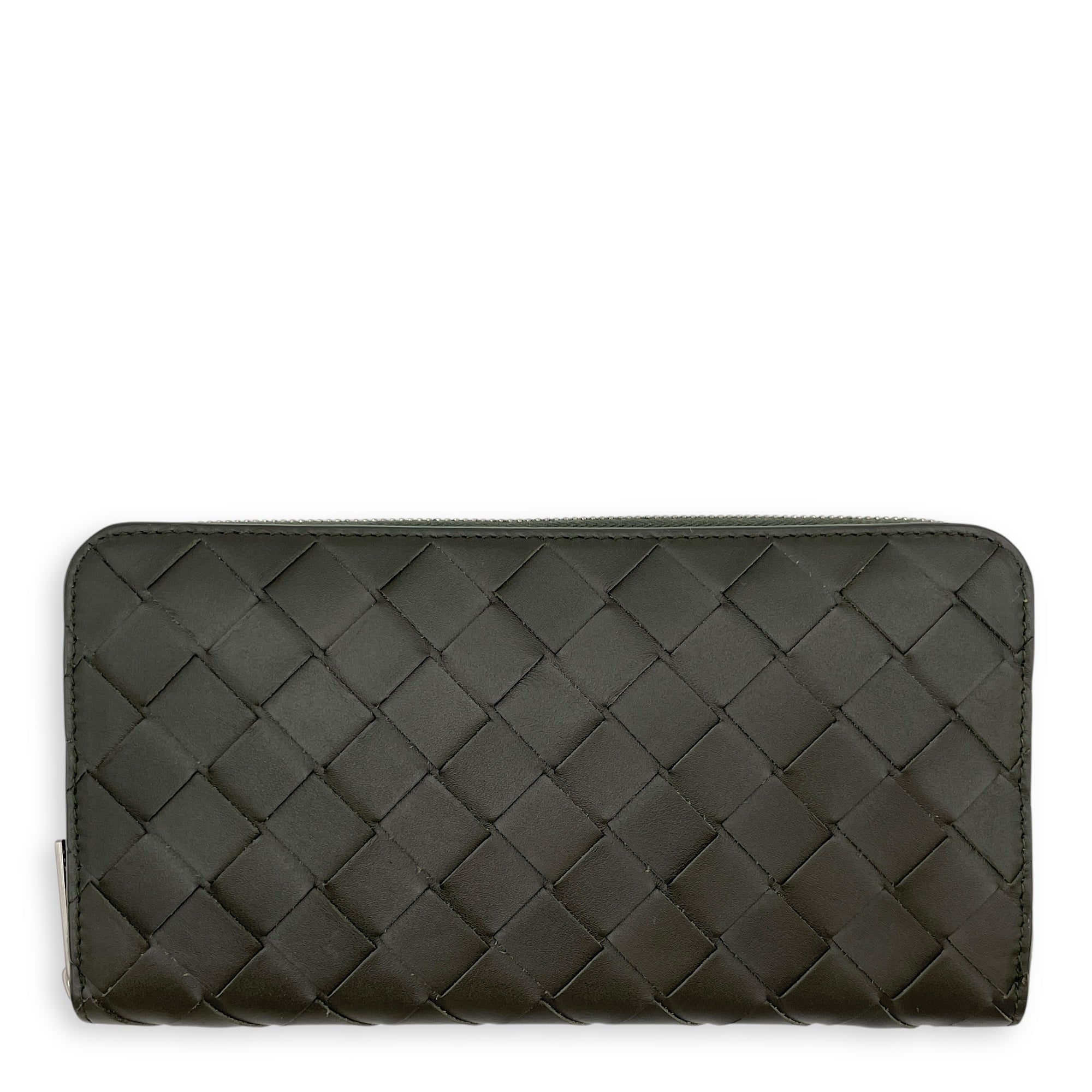 Intrecciato Zip Around Green Long Wallet in Calfskin, Silver hardware