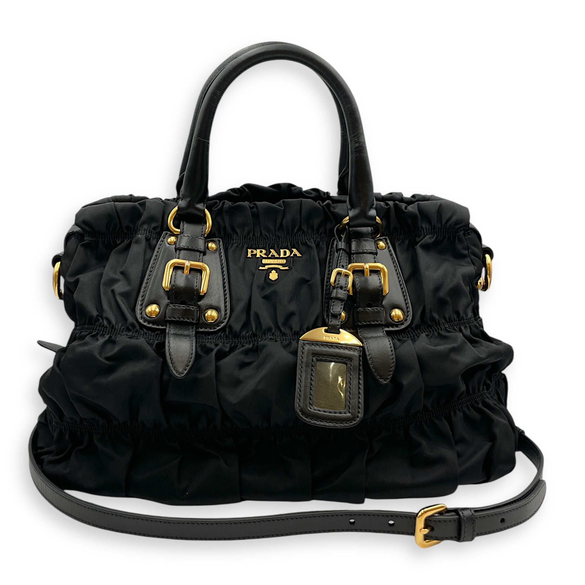 Prada Tessuto Gaufre 2 way Black Shoulder Bag in Nylon, Gold hardware