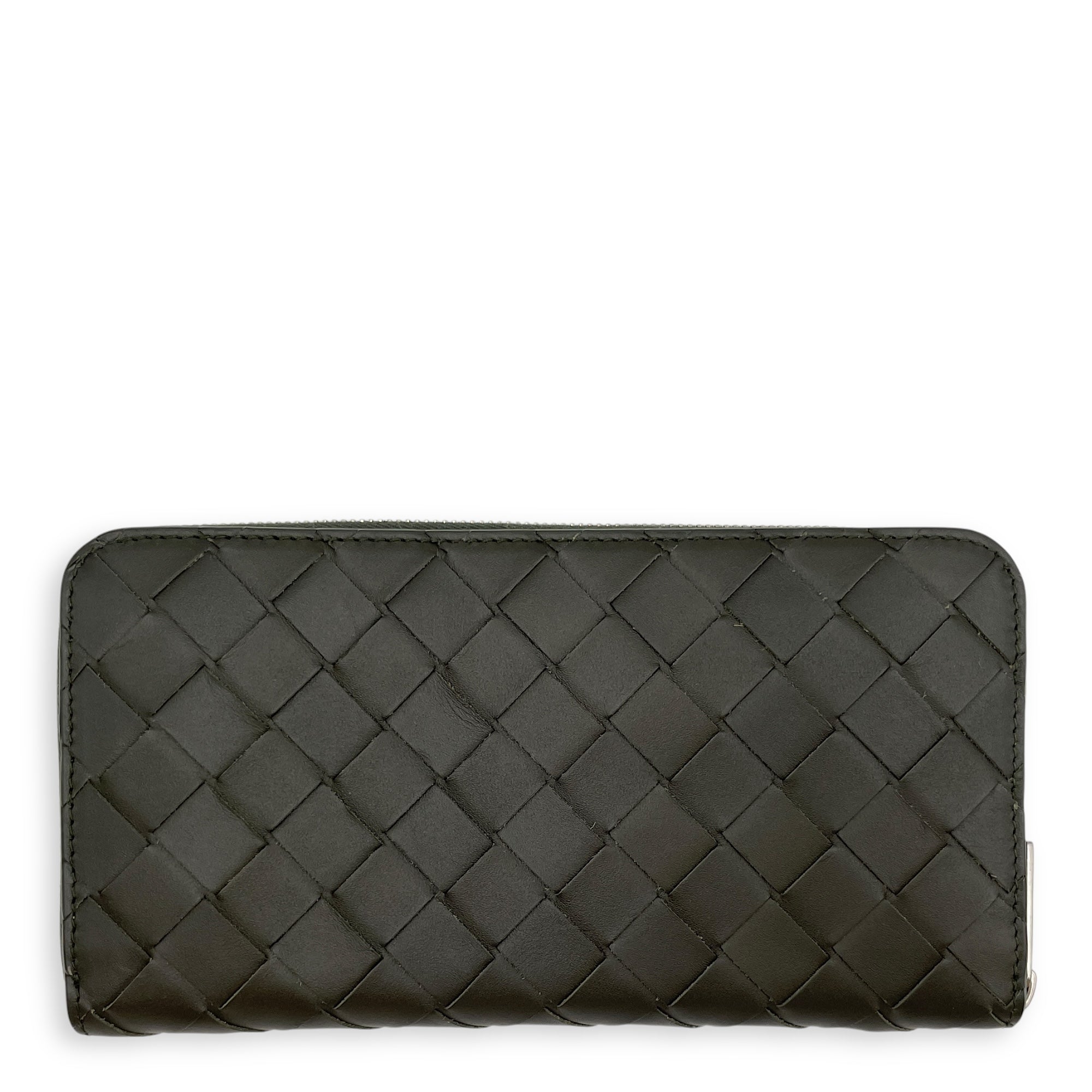 Intrecciato Zip Around Green Long Wallet in Calfskin, Silver hardware