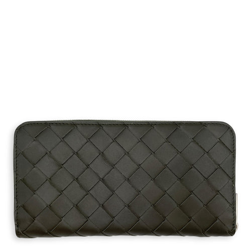 Intrecciato Zip Around Green Long Wallet in Calfskin, Silver hardware