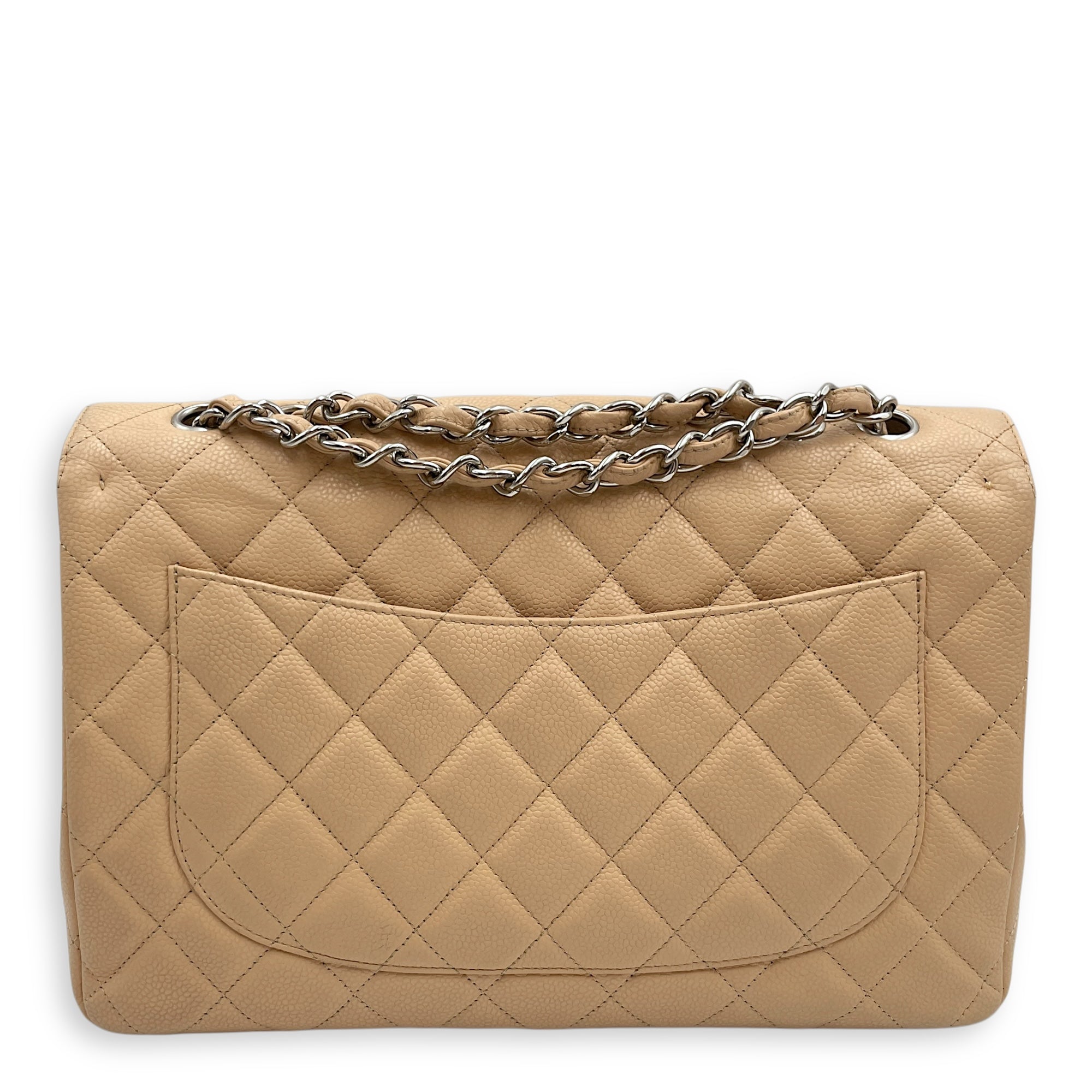 Jumbo classic Beige Shoulder Bag in Caviar Leather, Silver hardware