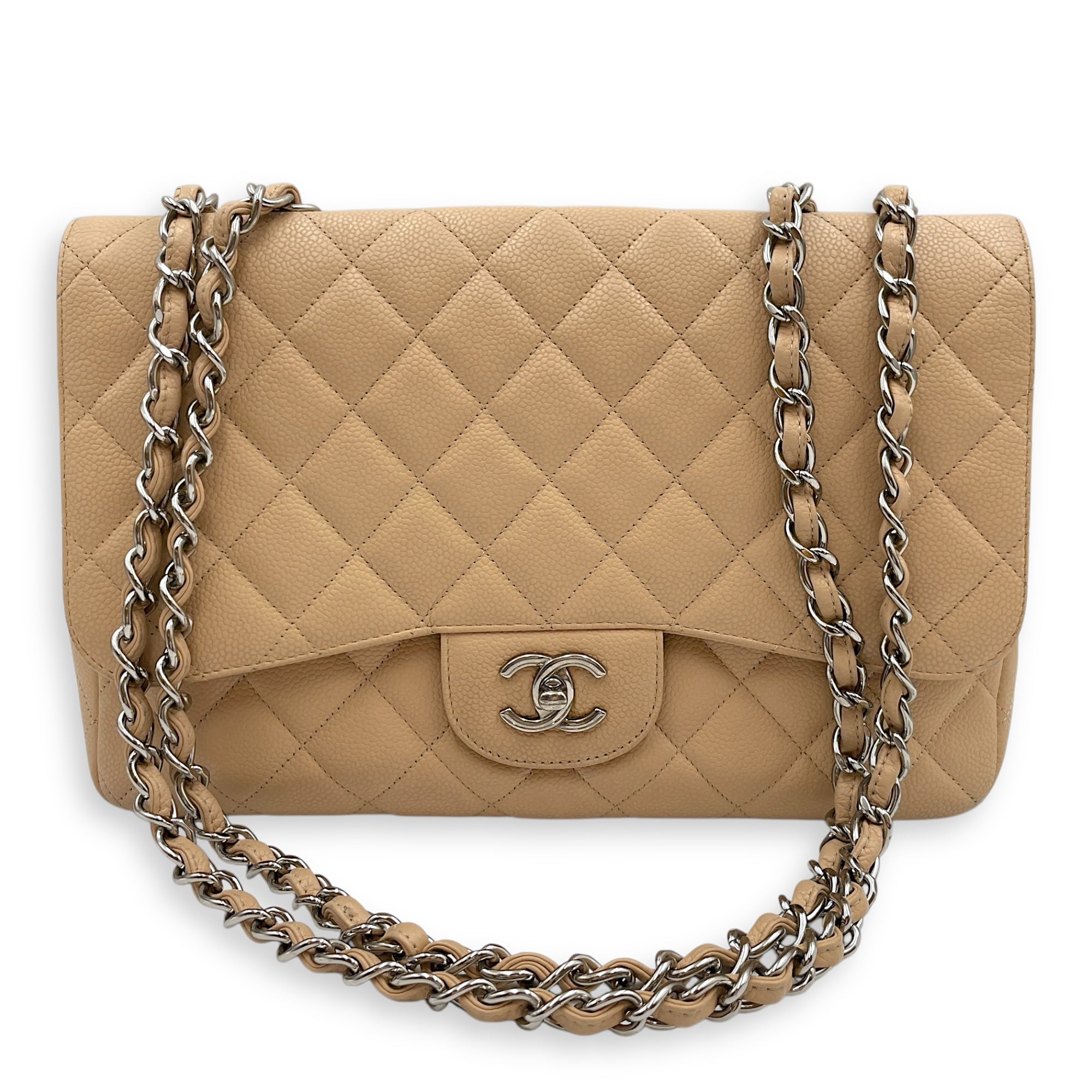Jumbo classic Beige Shoulder Bag in Caviar Leather, Silver hardware