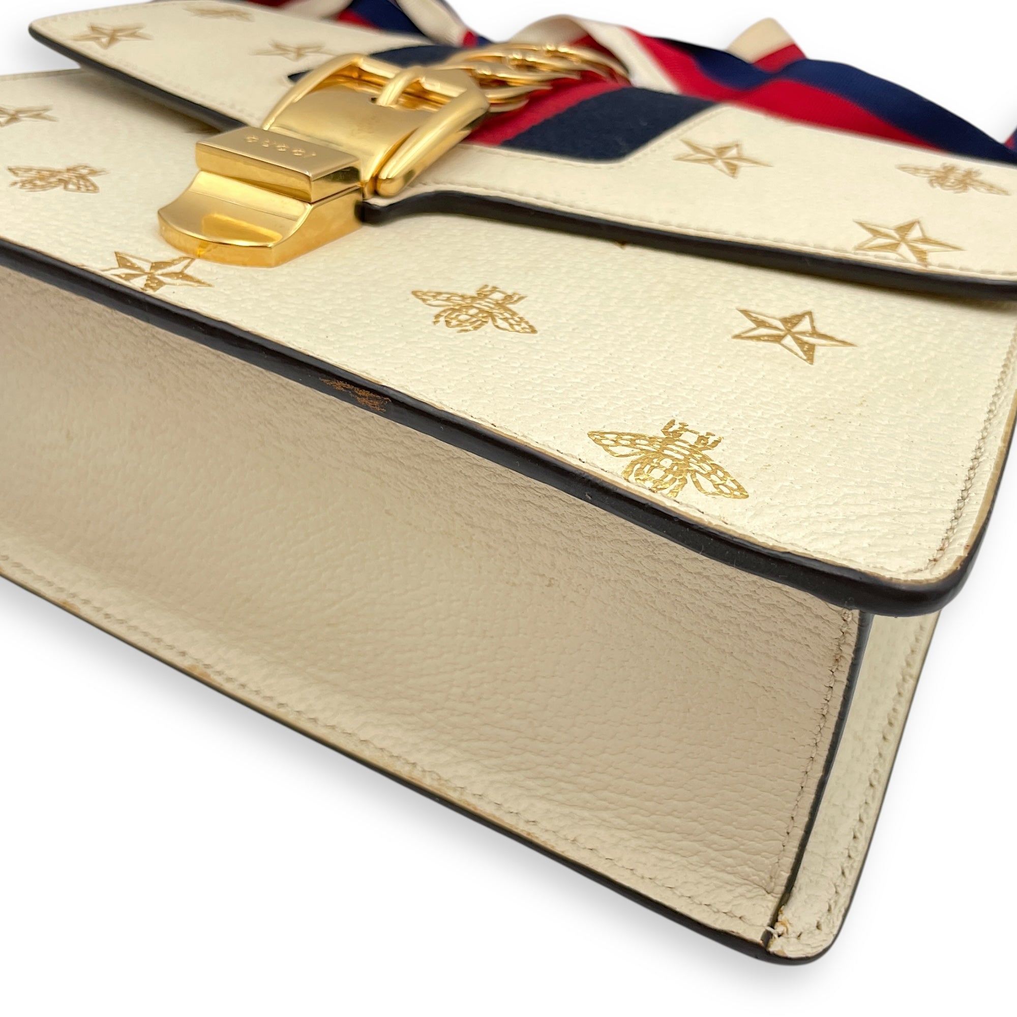 Sylvie Bee Star Print Beige Crossbody Bag in Calfskin, Gold hardware
