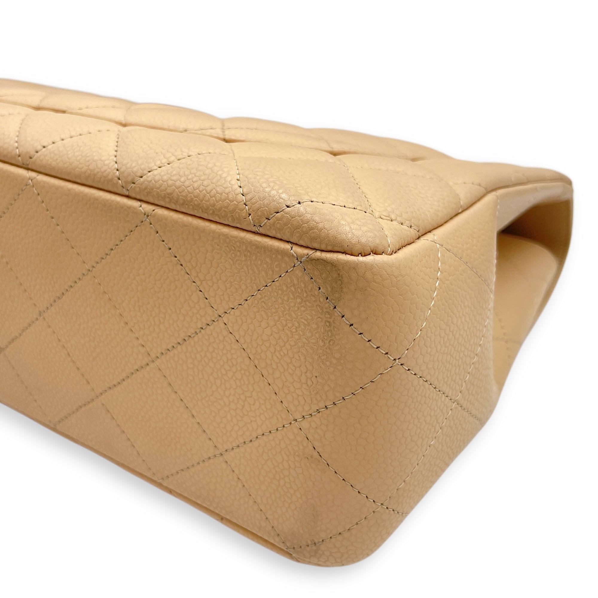 Jumbo classic Beige Shoulder Bag in Caviar Leather, Silver hardware
