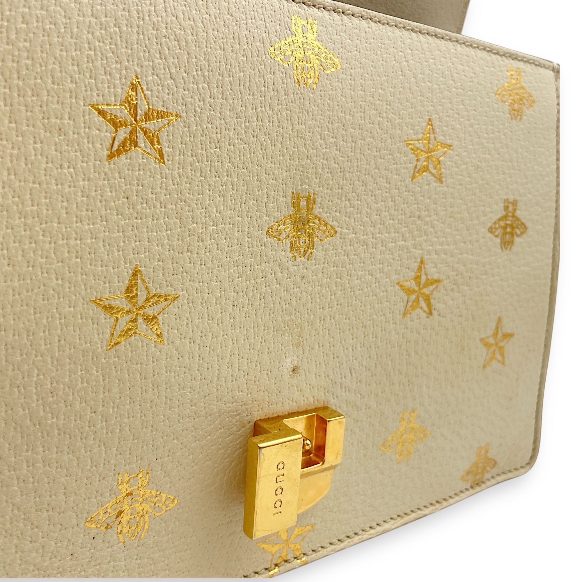 Sylvie Bee Star Print Beige Crossbody Bag in Calfskin, Gold hardware