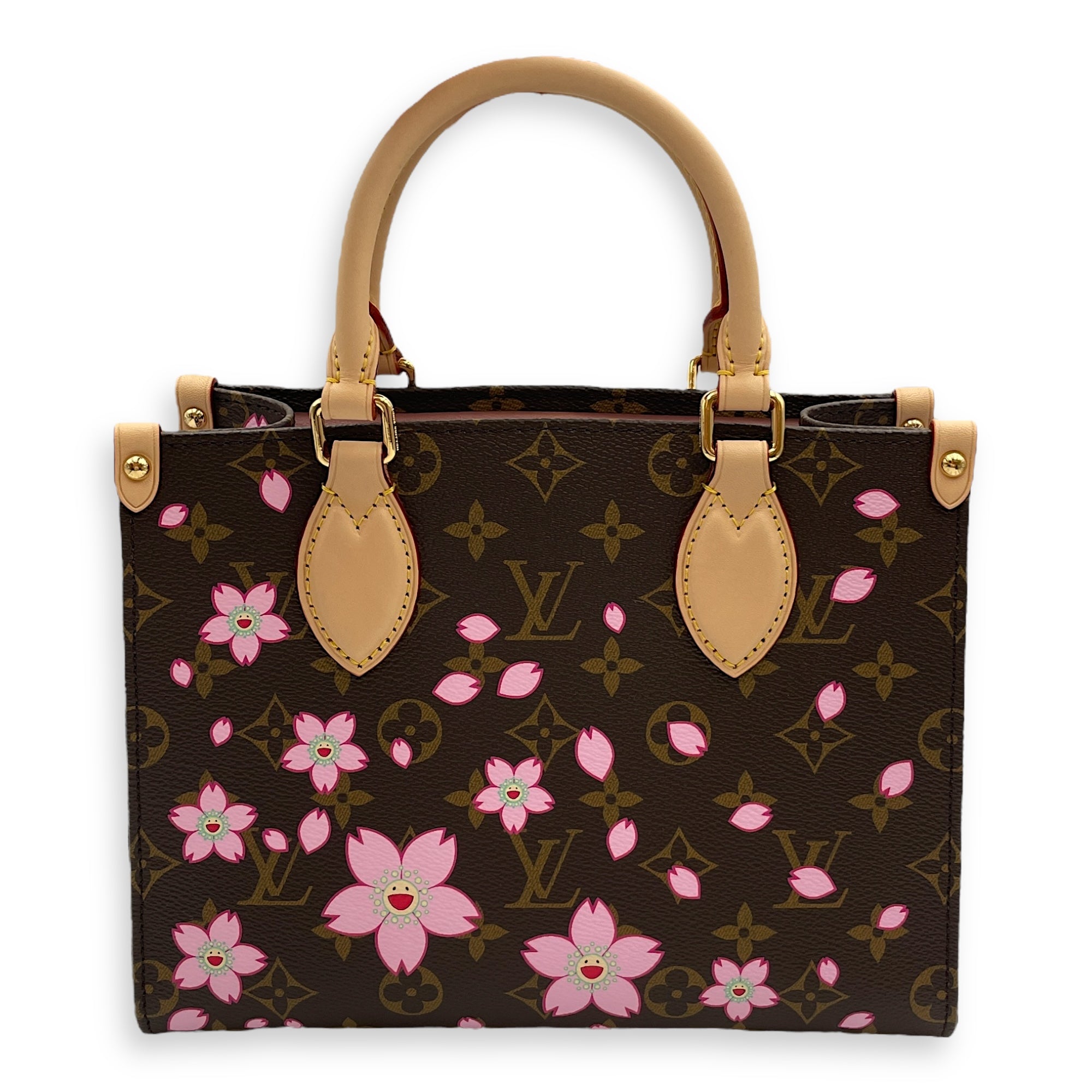 On the go cherry blossom PM Top Handle Bag in Coated Canvas, Gold hardware
