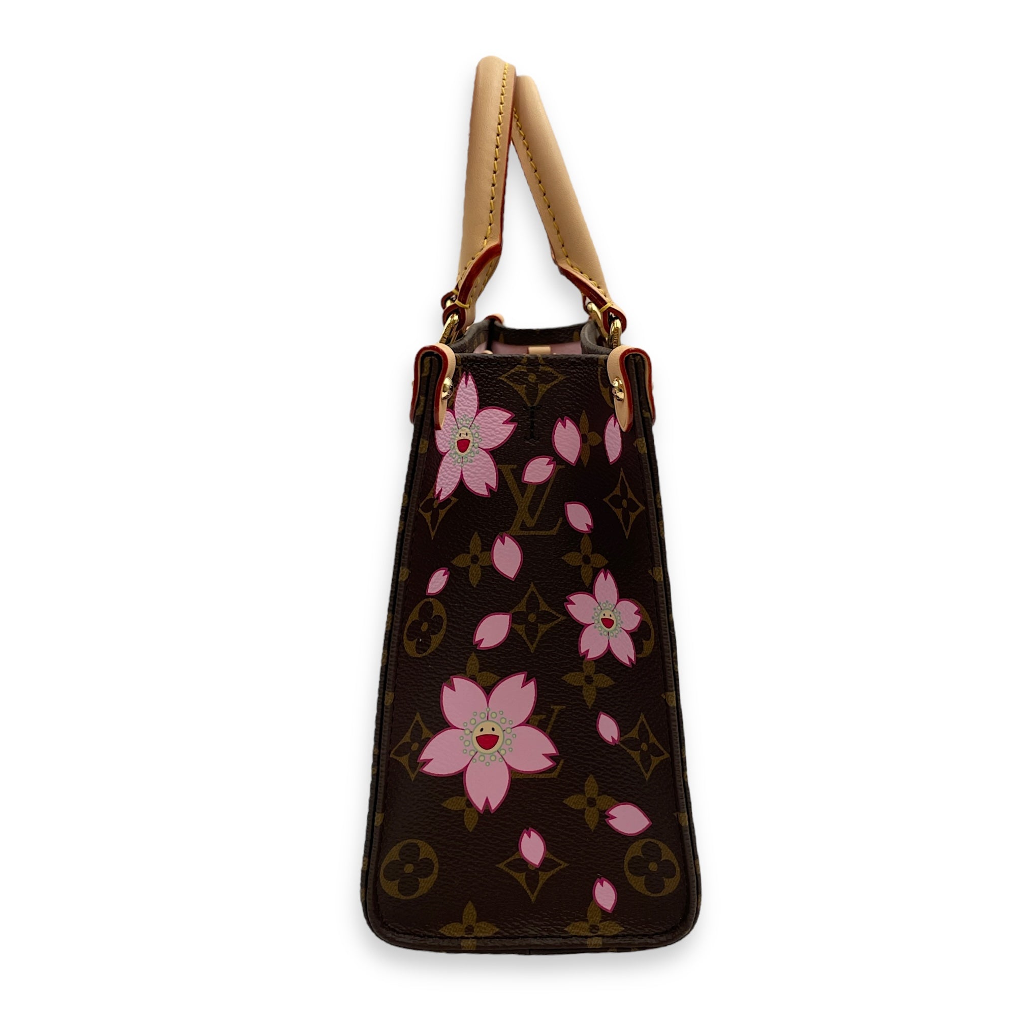 On the go cherry blossom PM Top Handle Bag in Coated Canvas, Gold hardware