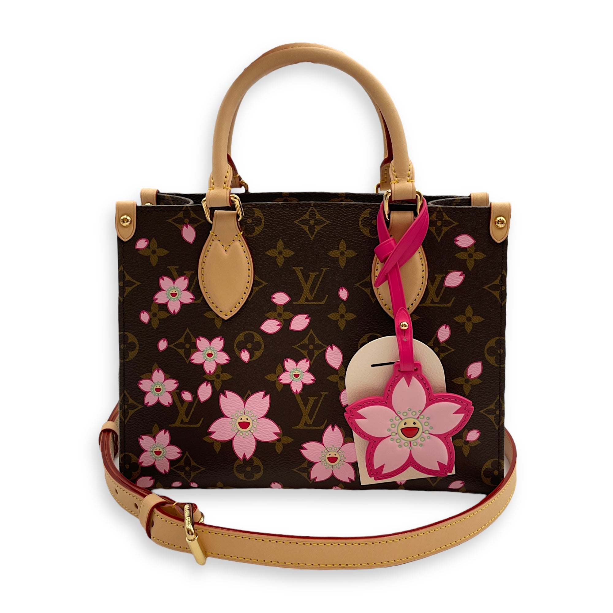 On the go cherry blossom PM Top Handle Bag in Coated Canvas, Gold hardware