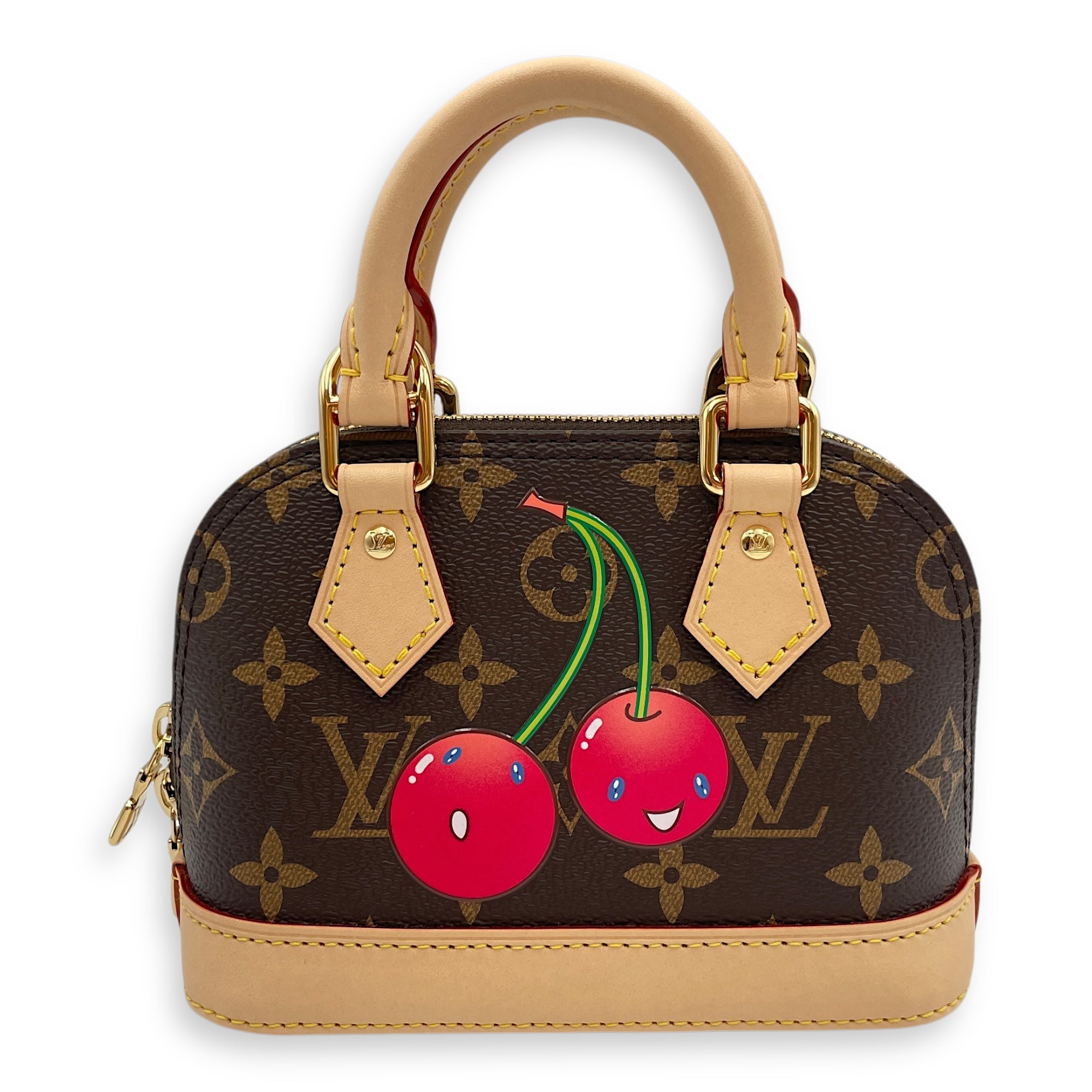 Nano Alma cherry print Top Handle Bag in Coated Canvas, Gold hardware