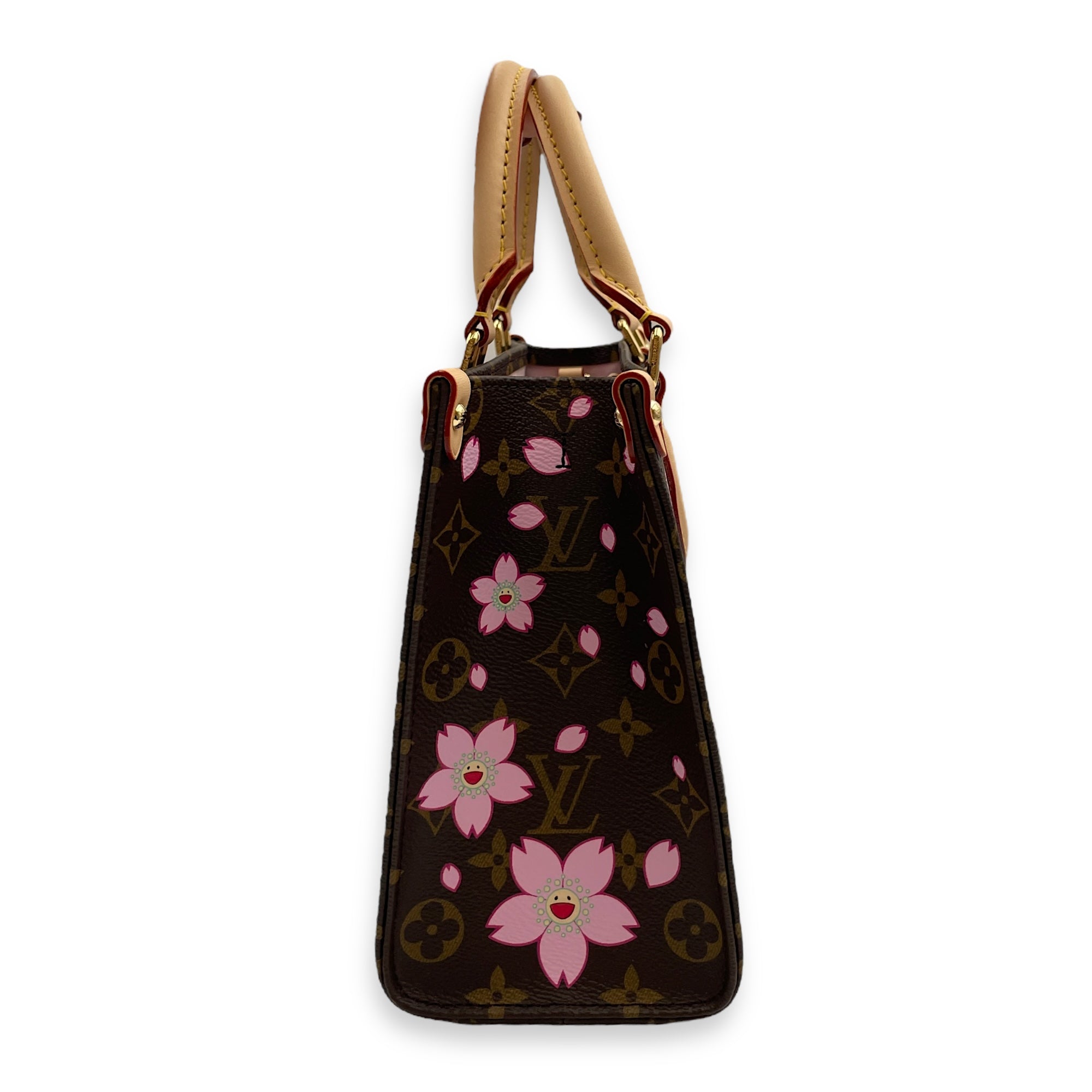 On the go cherry blossom PM Top Handle Bag in Coated Canvas, Gold hardware