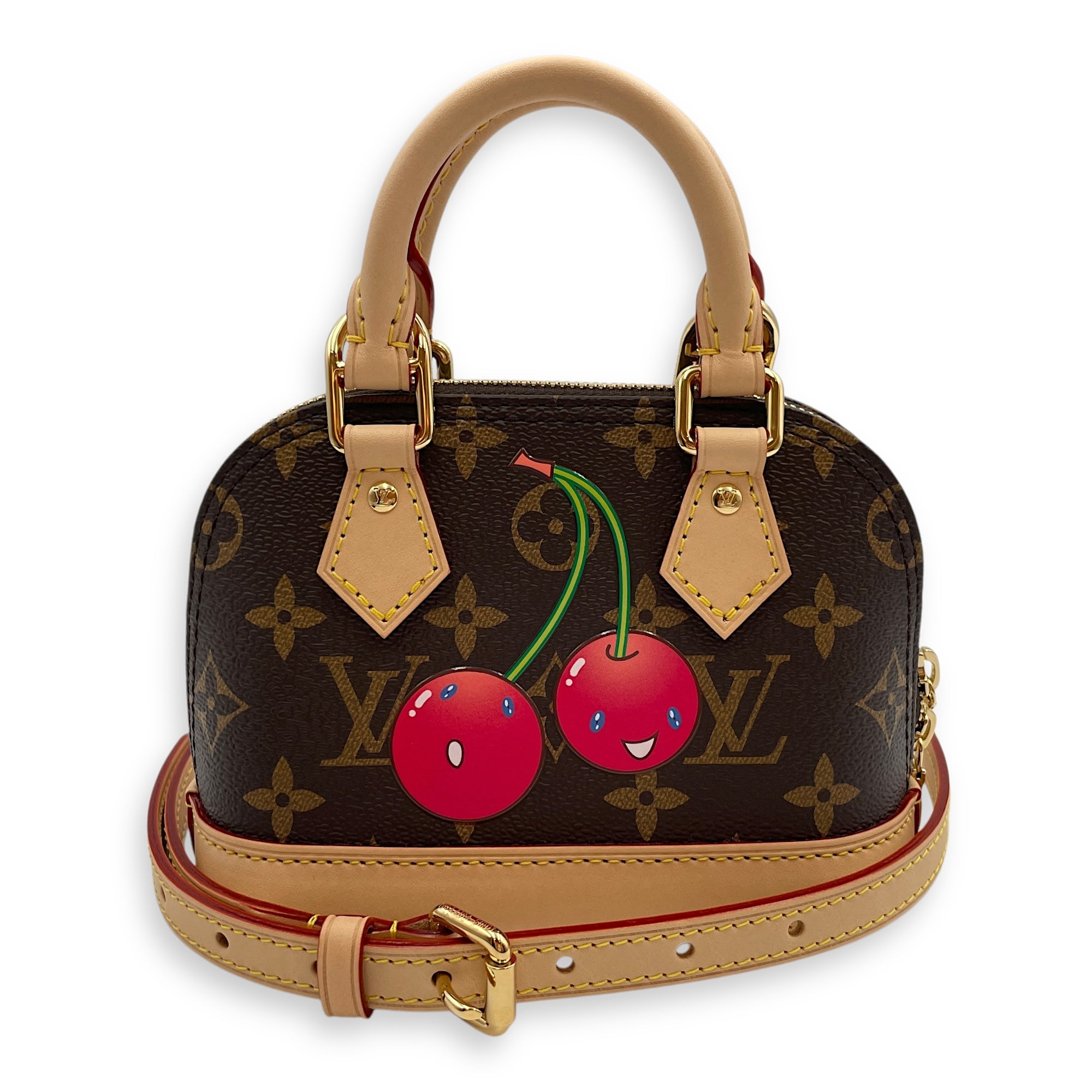 Nano Alma cherry print Top Handle Bag in Coated Canvas, Gold hardware