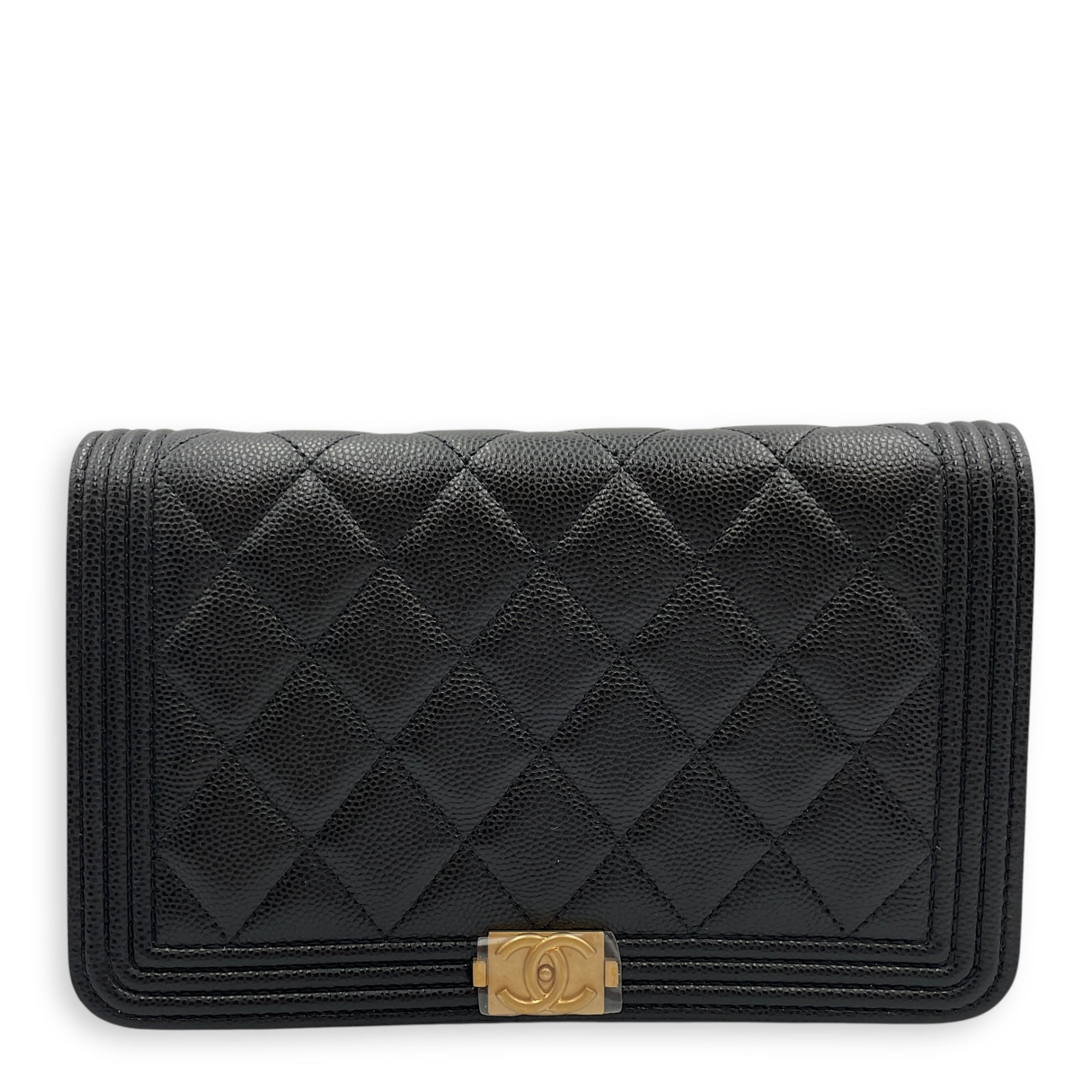 La Boy Black Wallet On Chain in Caviar Leather, Brushed Gold hardware